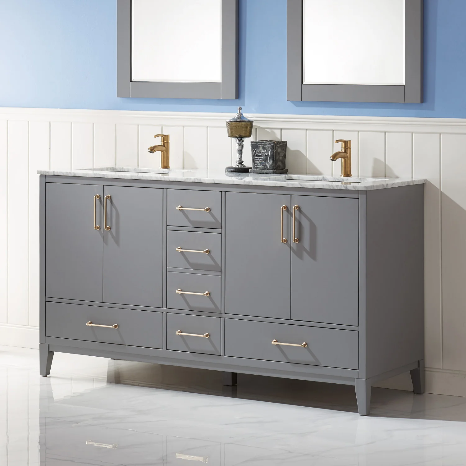 Altair Design Sutton 60" Double Bathroom Vanity Set in Gray and Carrara White Marble Countertop - Image 9