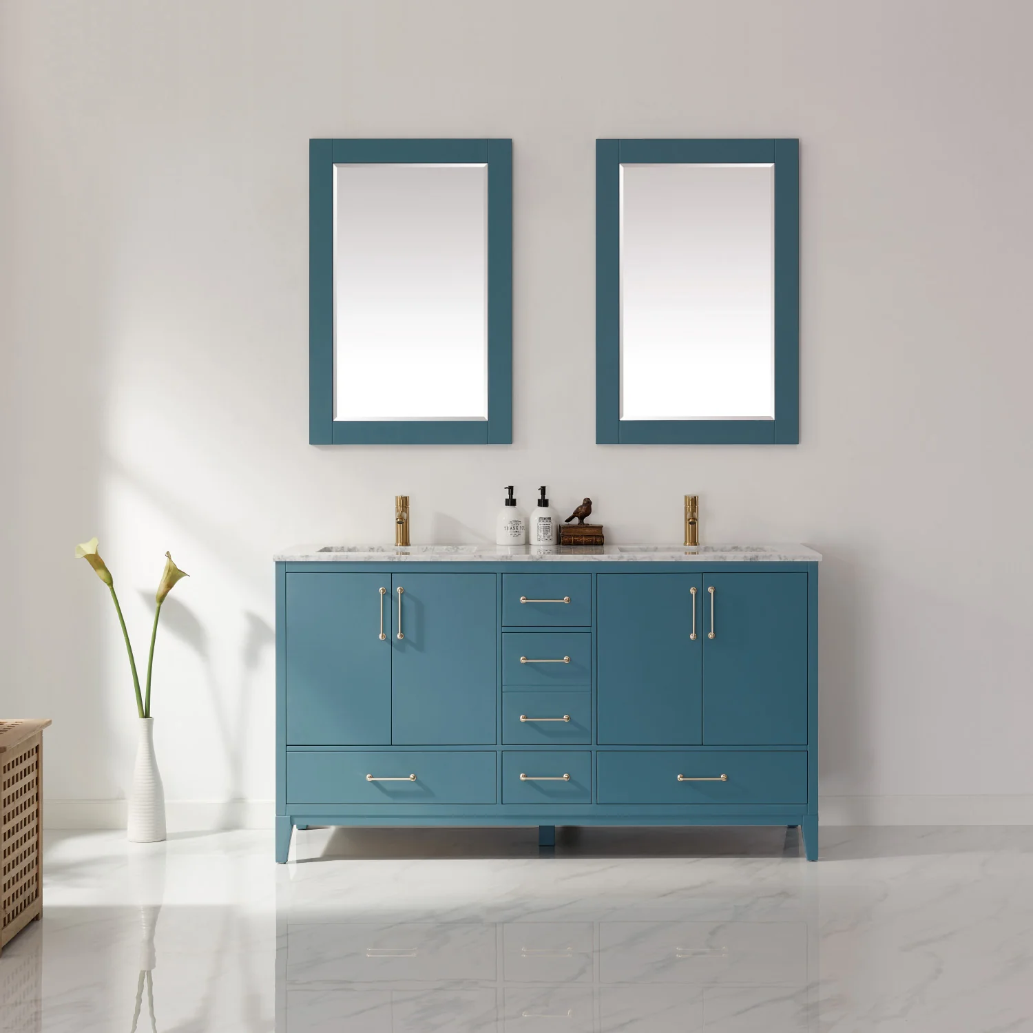 Altair Design Sutton 60" Double Bathroom Vanity Set in Royal Green and Carrara White Marble Countertop