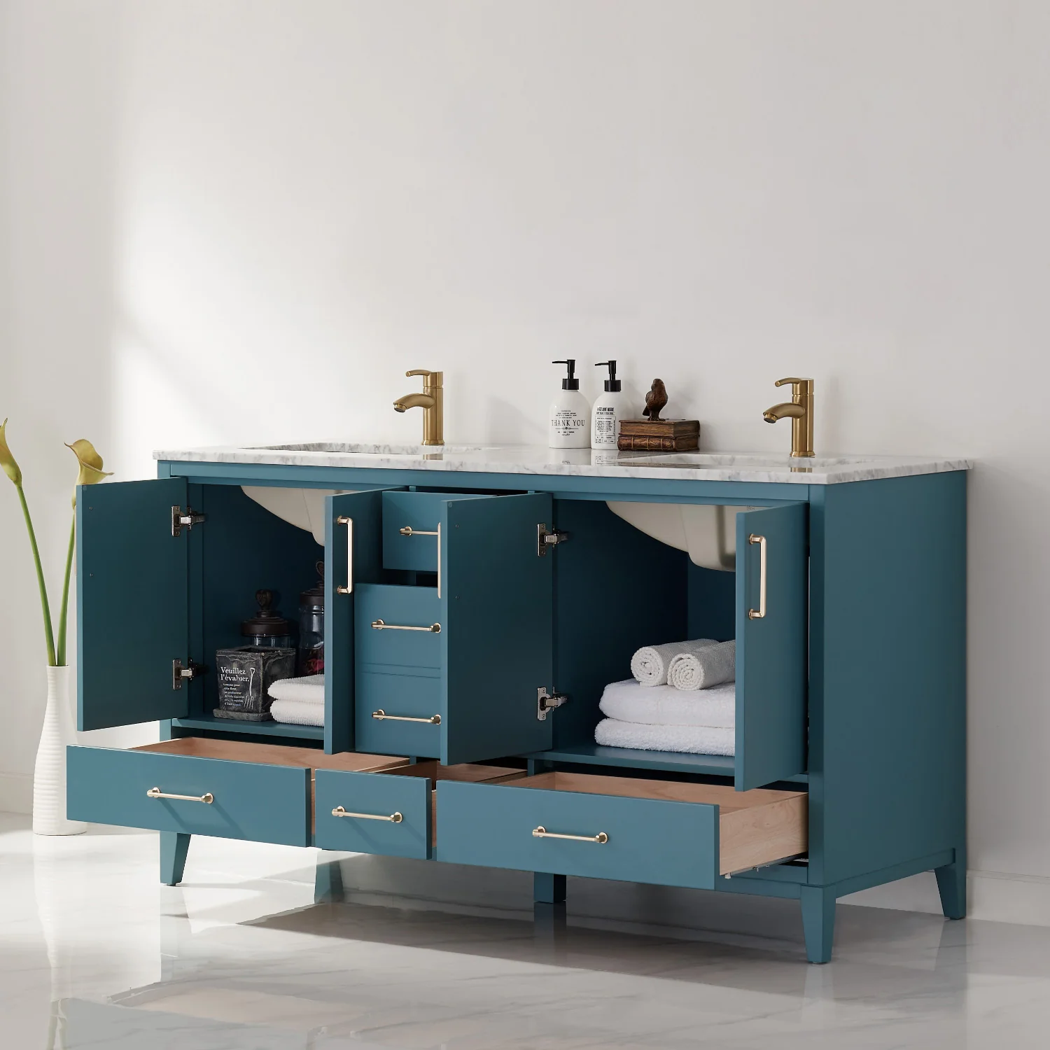Altair Design Sutton 60" Double Bathroom Vanity Set in Royal Green and Carrara White Marble Countertop - Image 16