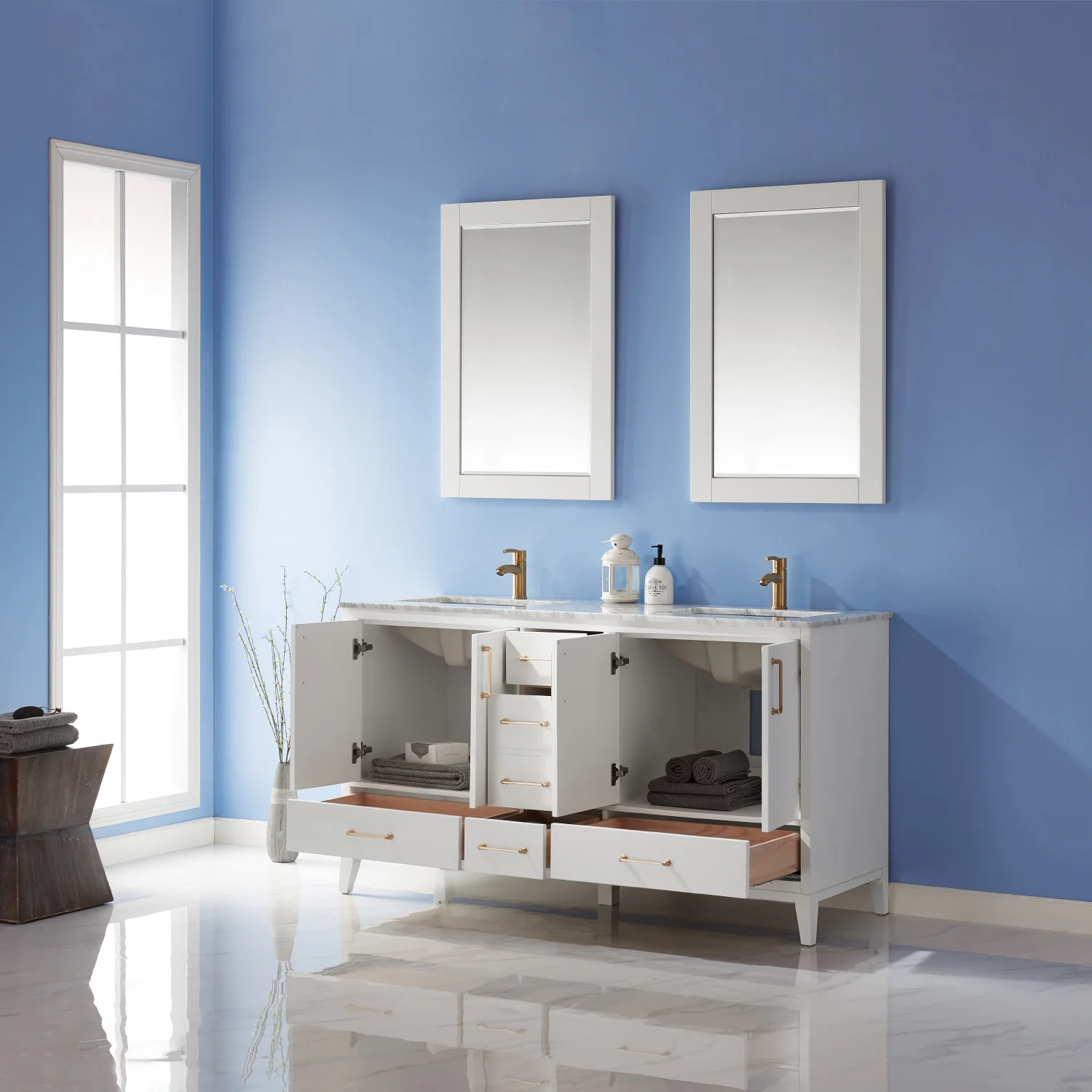Altair Design Sutton 60" Double Bathroom Vanity Set in White and Carrara White Marble Countertop - Image 5