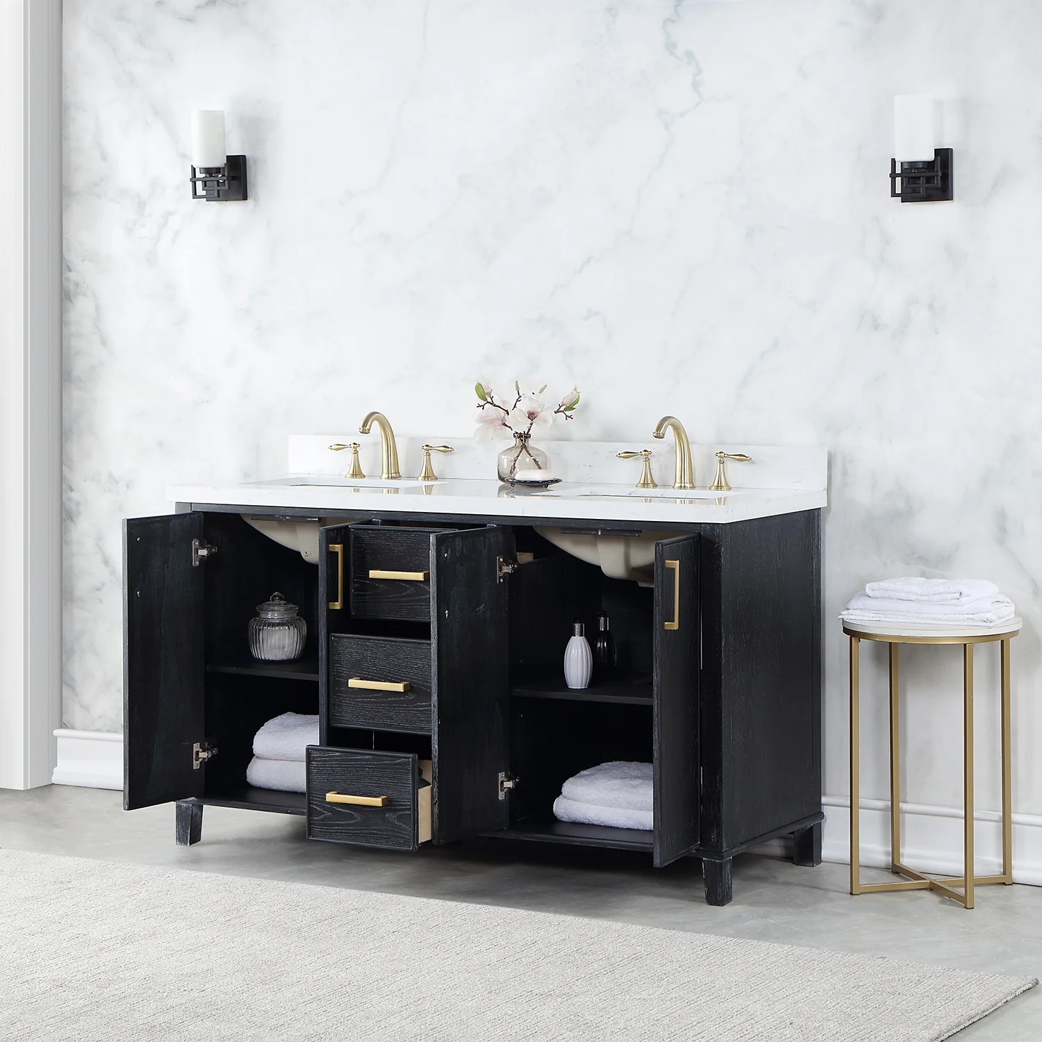 Altair Design Weiser 60" Double Bathroom Vanity in Black Oak with Aosta White Composite Stone Countertop - Image 13