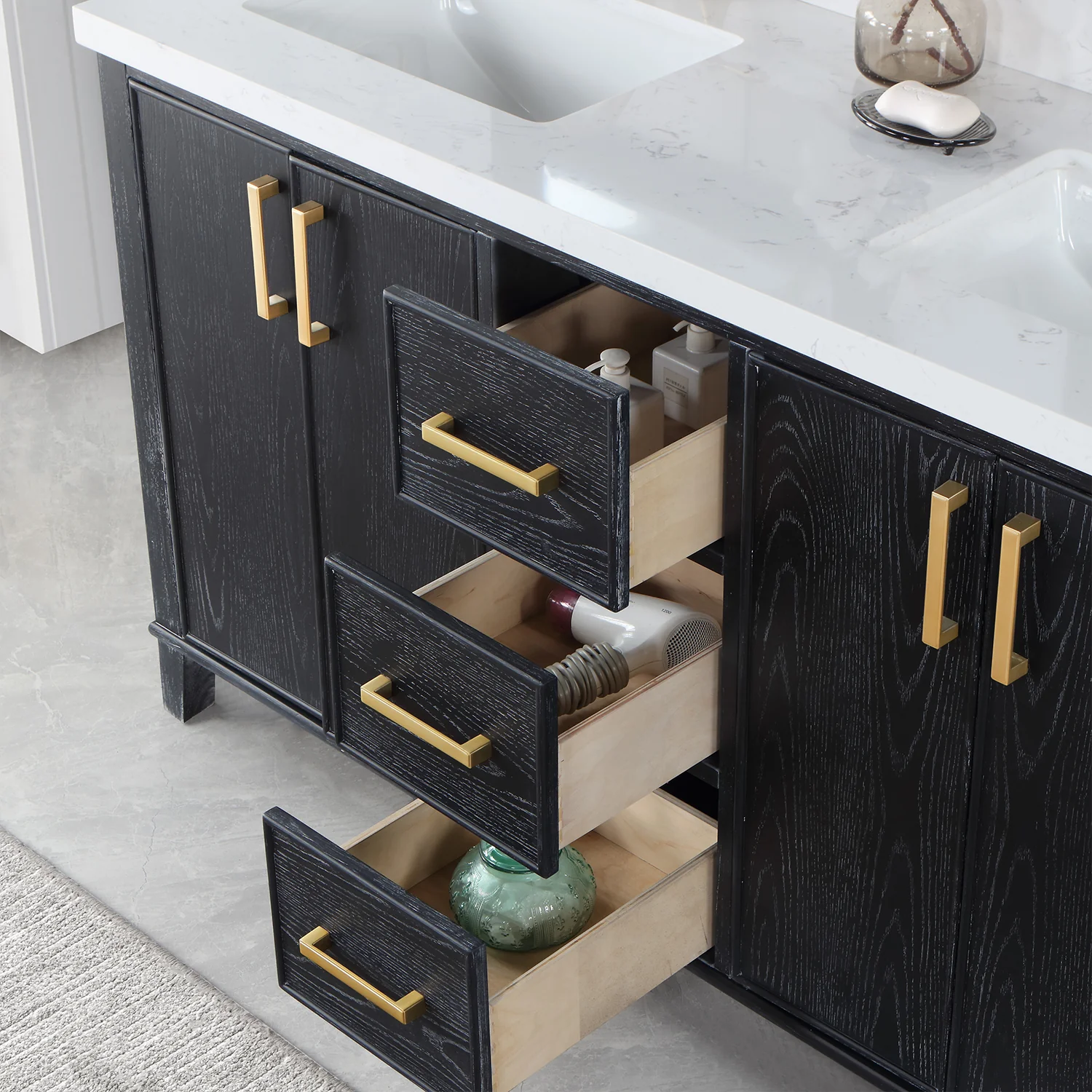 Altair Design Weiser 60" Double Bathroom Vanity in Black Oak with Aosta White Composite Stone Countertop - Image 6