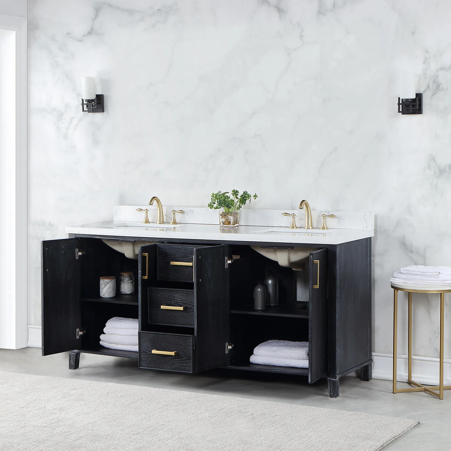 Altair Design Weiser 72" Double Bathroom Vanity in Black Oak with Aosta White Composite Stone Countertop - Image 13
