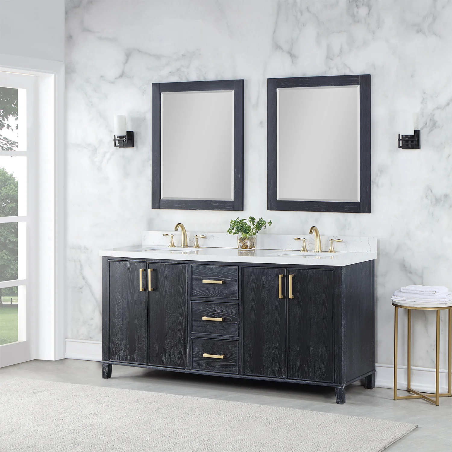 Altair Design Weiser 72" Double Bathroom Vanity in Black Oak with Aosta White Composite Stone Countertop - Image 3