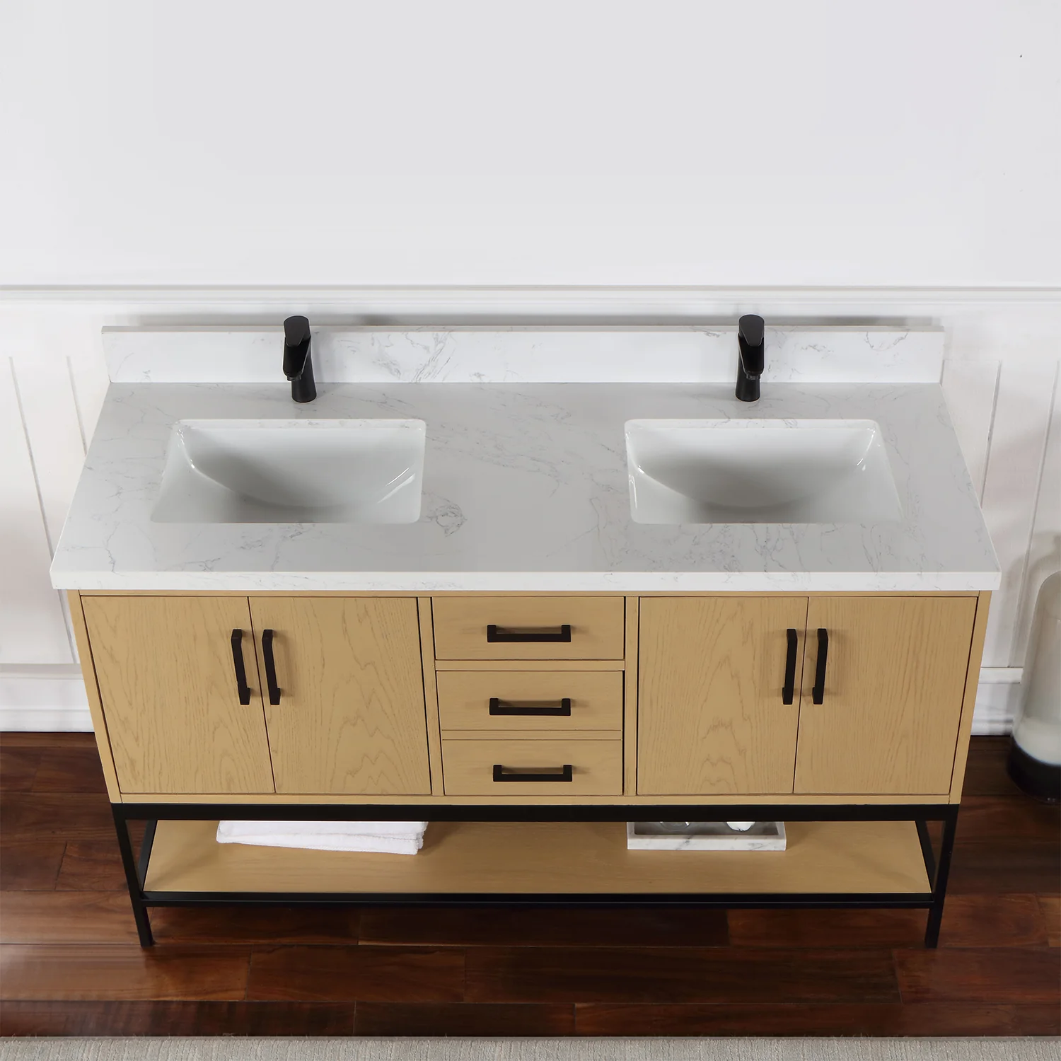 Altair Design Wildy 60" Double Bathroom Vanity Set in Washed Oak with Grain White Composite Stone Countertop - Image 15