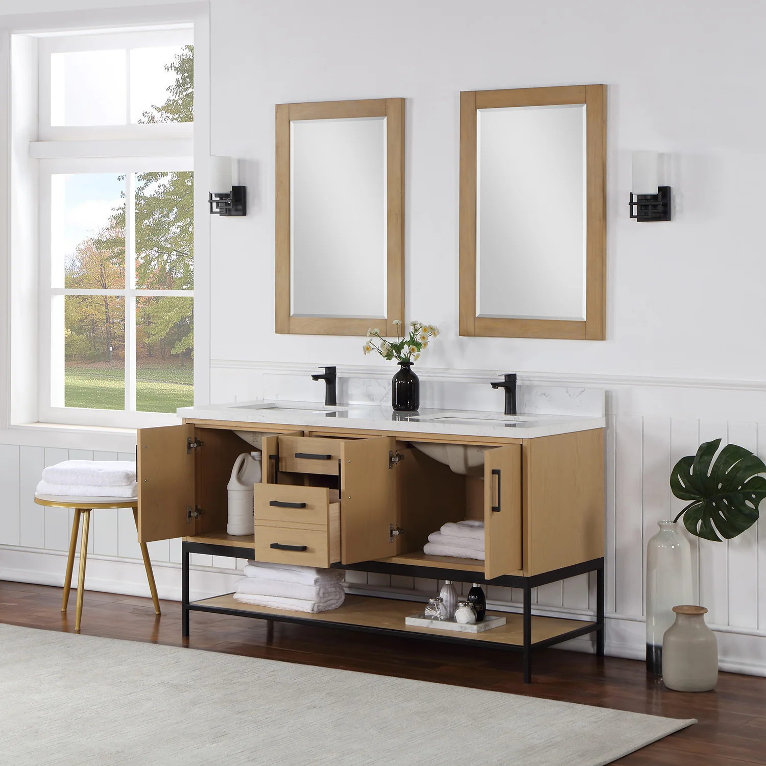 Altair Design Wildy 60" Double Bathroom Vanity Set in Washed Oak with Grain White Composite Stone Countertop - Image 5