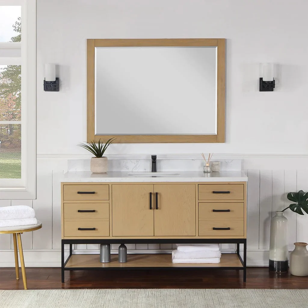 Altair Design Wildy 60" Single Bathroom Vanity Set in Washed Oak with Grain White Composite Stone Countertop