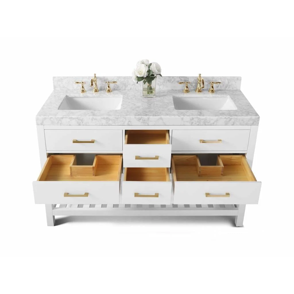 Ancerre Designs Elizabeth Double Bath Vanity Set Italian Carrara White Marble Vanity Top - Image 47