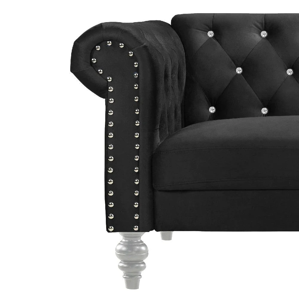 Benzara Ben 83 Inch Velvet Sofa With Crystal Tufted Back, Black BM271908 - Image 3