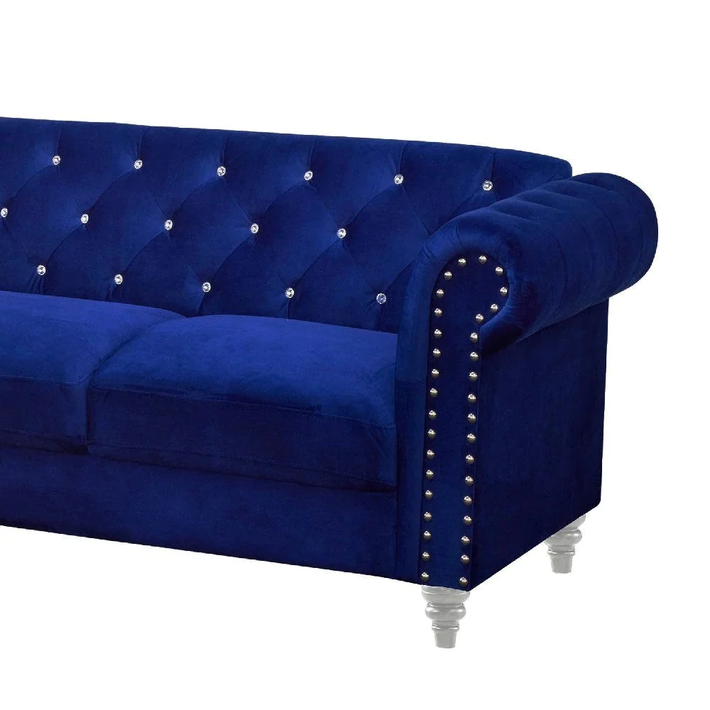 Benzara Ben 83 Inch Velvet Sofa With Crystal Tufted Back, Royal Blue BM271909 - Image 4