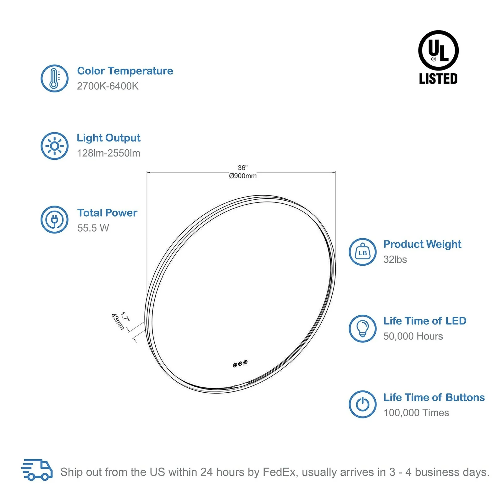 Blossom Oskar 36 Inch Round LED Mirror - Image 19