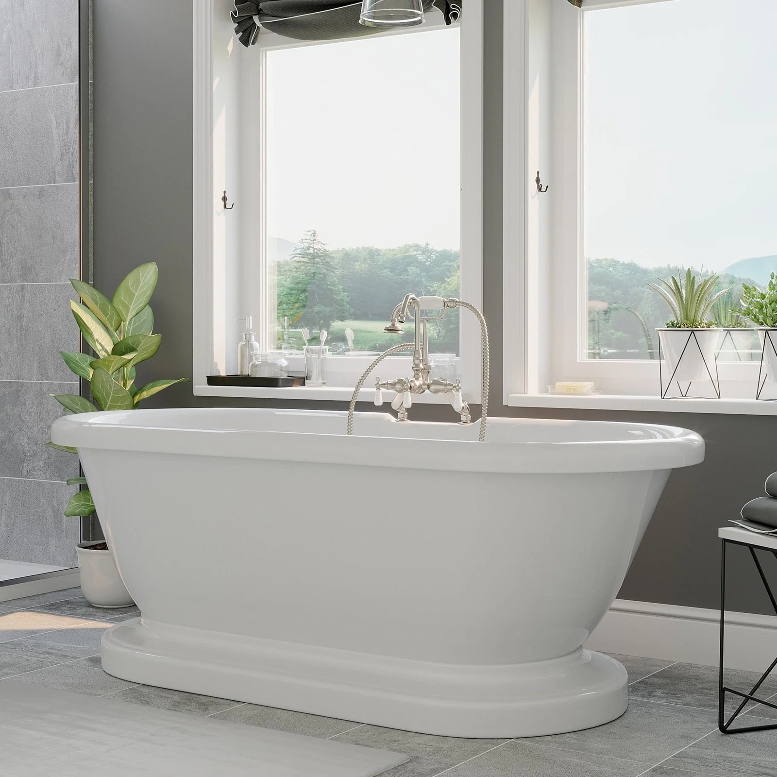 Cambridge Plumbing Acrylic Double Ended Pedestal Bathtub with Faucet Drillings and Complete Brushed Nickel Plumbing Package ADEP60-684D-PKG-BN-7DH