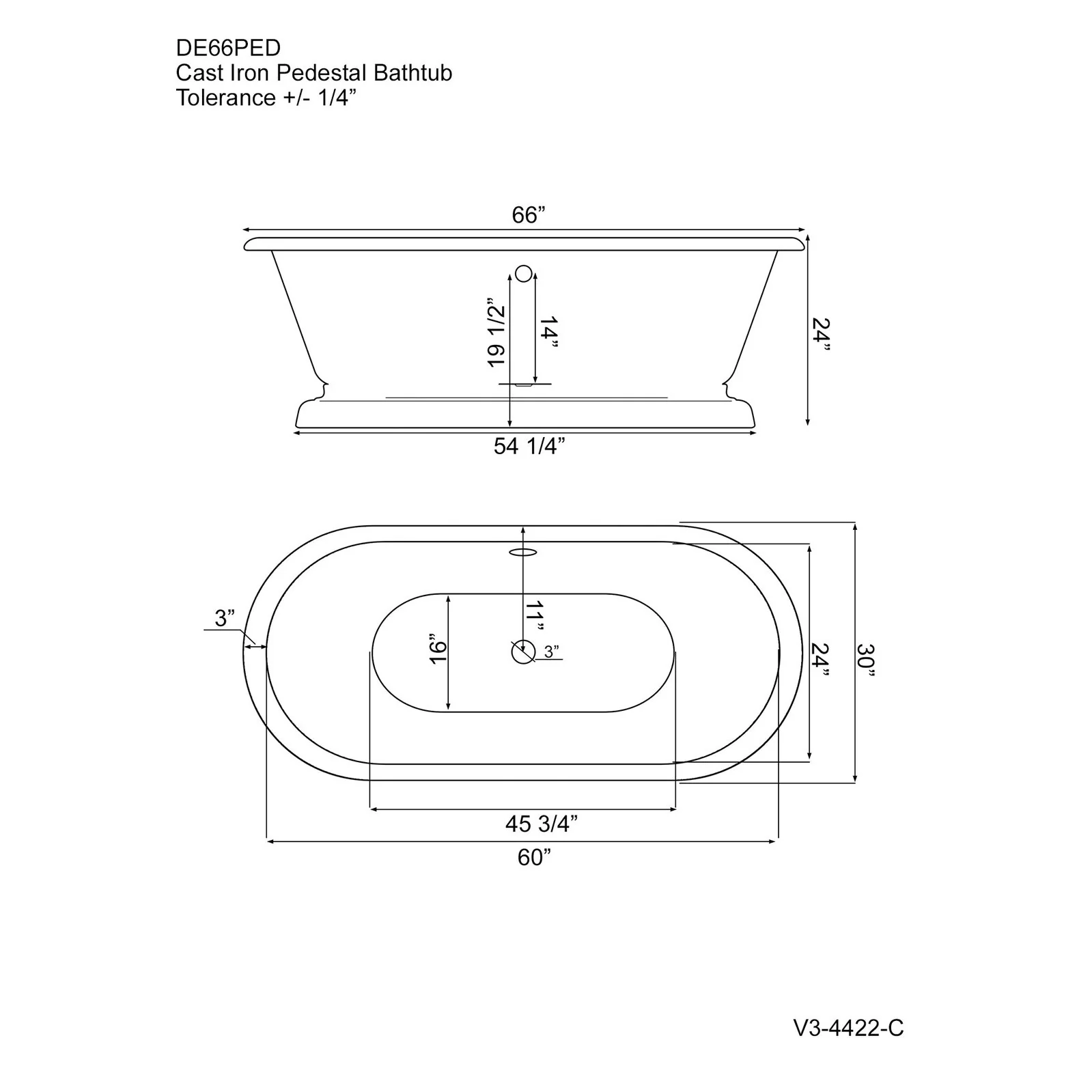 Cambridge Plumbing Cast Iron Double Ended Tub 66" X 30" with No Faucet Drillings DE66-PED-NH - Image 3