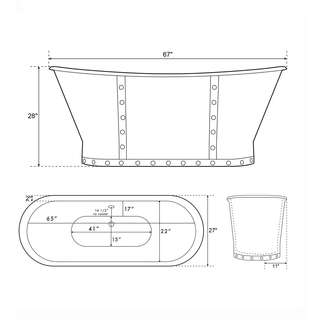 Cambridge Plumbing Cast Iron Double Slipper Skirted Bathtub 27"D x 67"L x 28"H DES67-PED-NH - Image 3