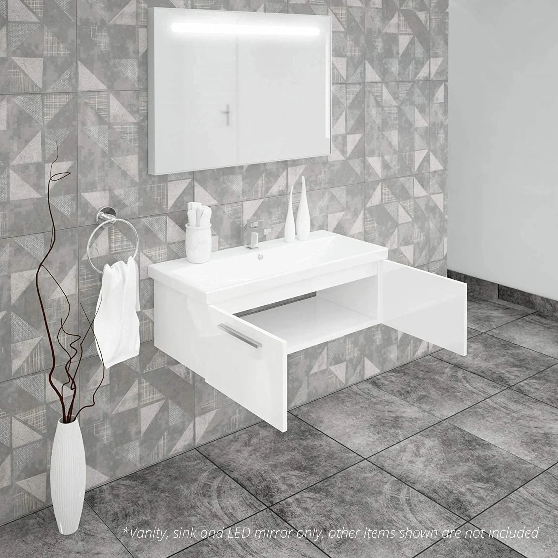 Casa Mare Aspe 40" Glossy White Bathroom Vanity and Ceramic Sink Combo with LED Mirror - Image 3