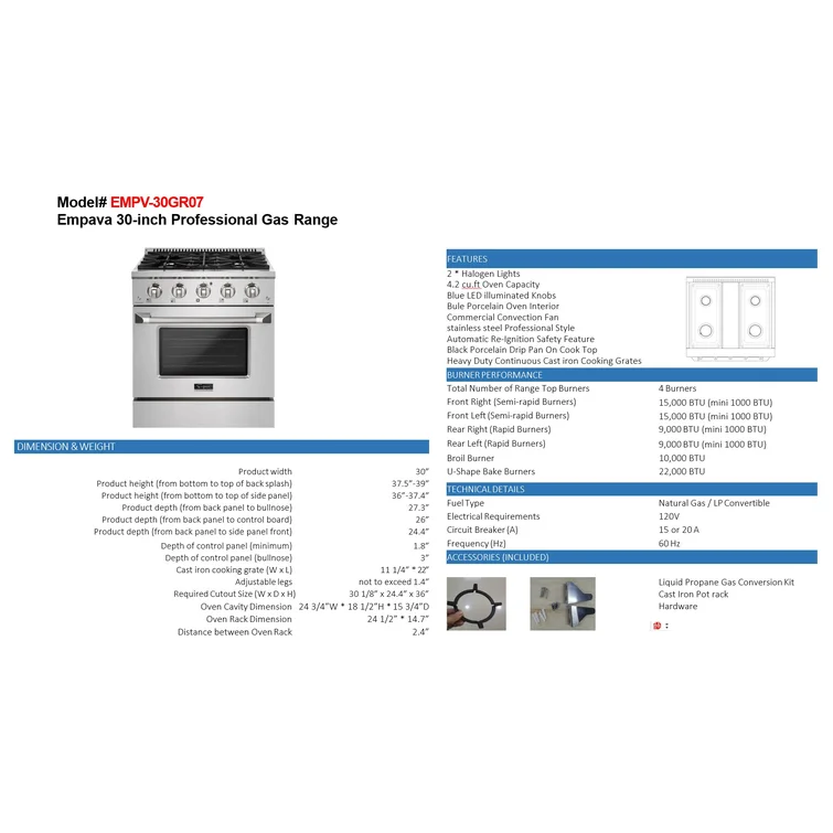 Empava 30 inch Pro-Style Slide-In Single Oven Gas Range EMPV-30GR07 - Image 4