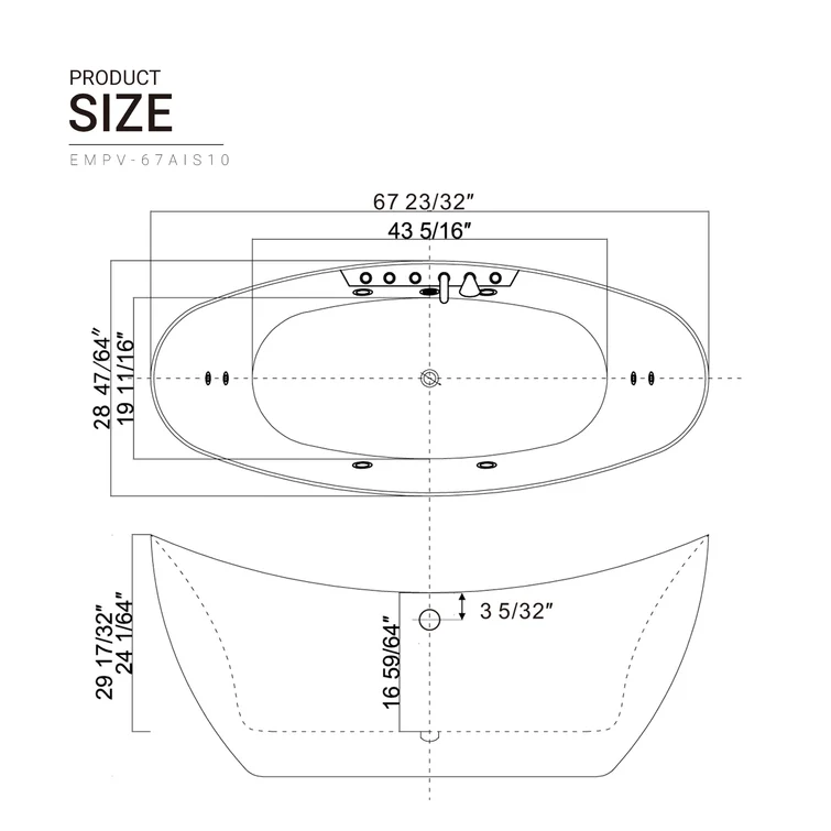 Empava 67 inch Whirlpool Freestanding Acrylic Bathtub - EMPV-67AIS10 - Image 4