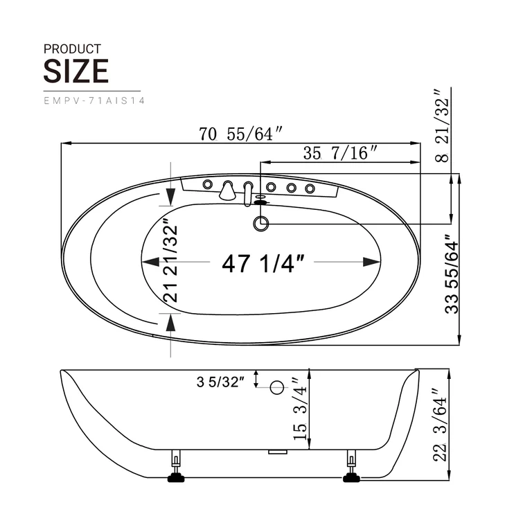 Empava 71 inch Whirlpool Freestanding Acrylic Bathtub - EMPV-71AIS14 - Image 4