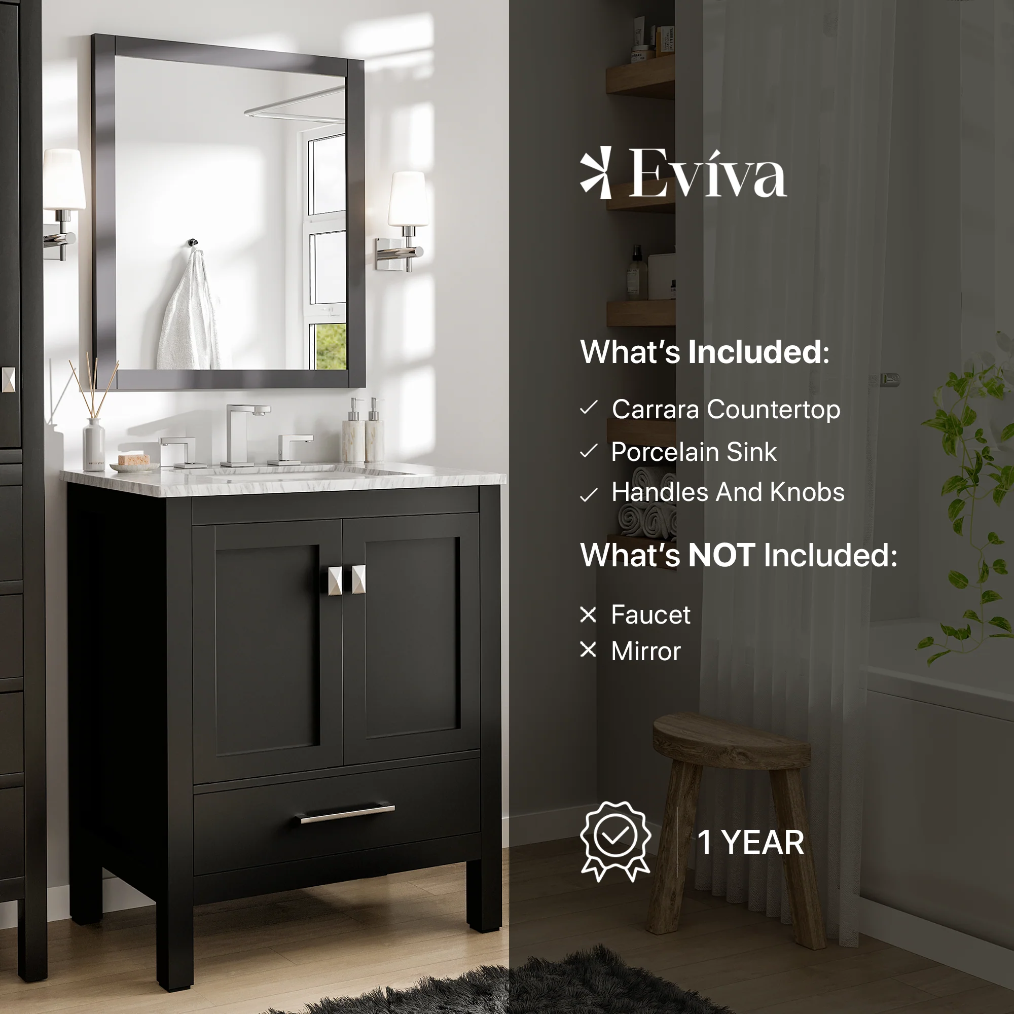 Eviva Aberdeen 24" Transitional Single Bathroom Vanity with White Carrara Marble Countertop and Undermount Porcelain Sink - Image 8