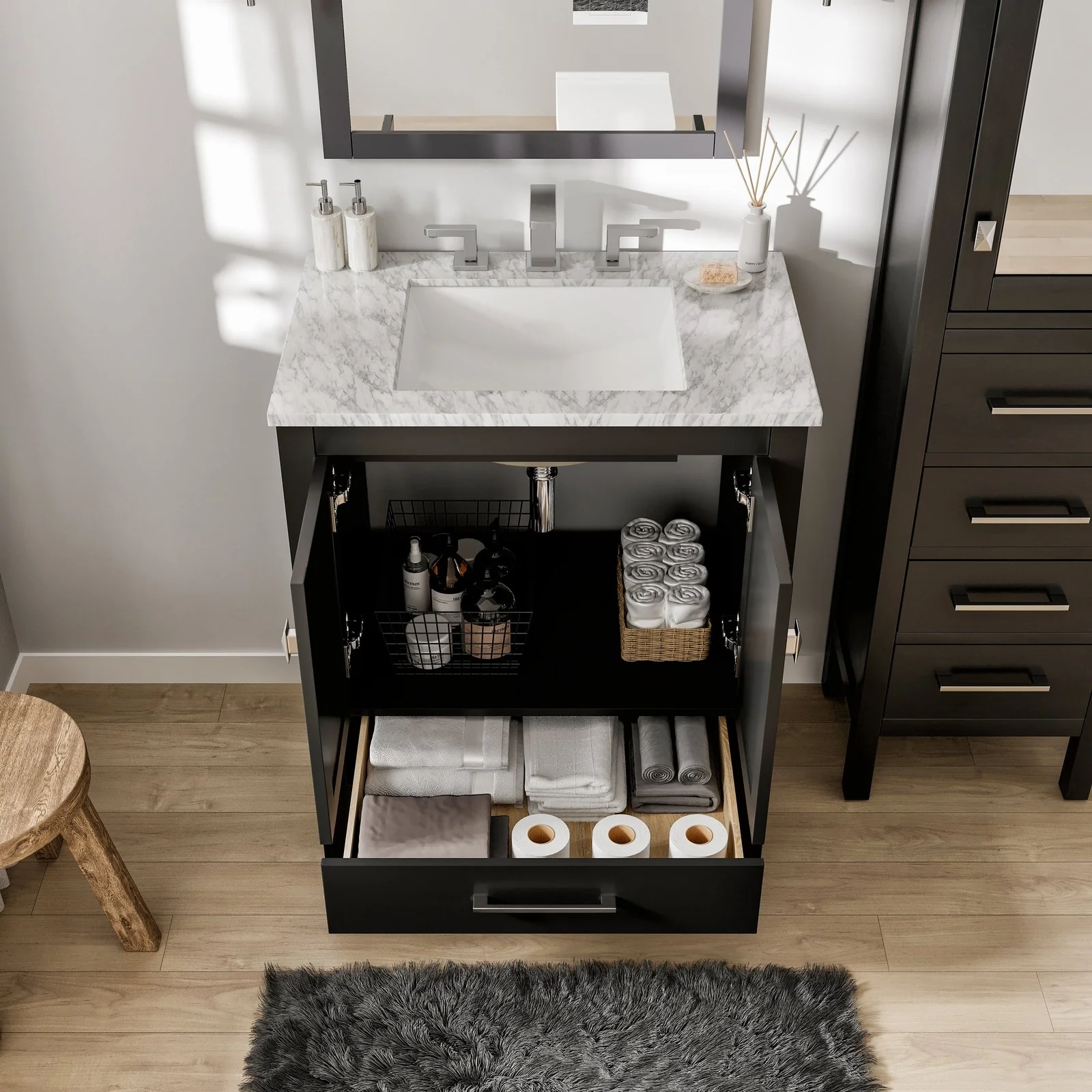 Eviva Aberdeen 30" Transitional Bathroom Vanity with White Carrara Marble Countertop and Undermount Porcelain Sink - Image 3