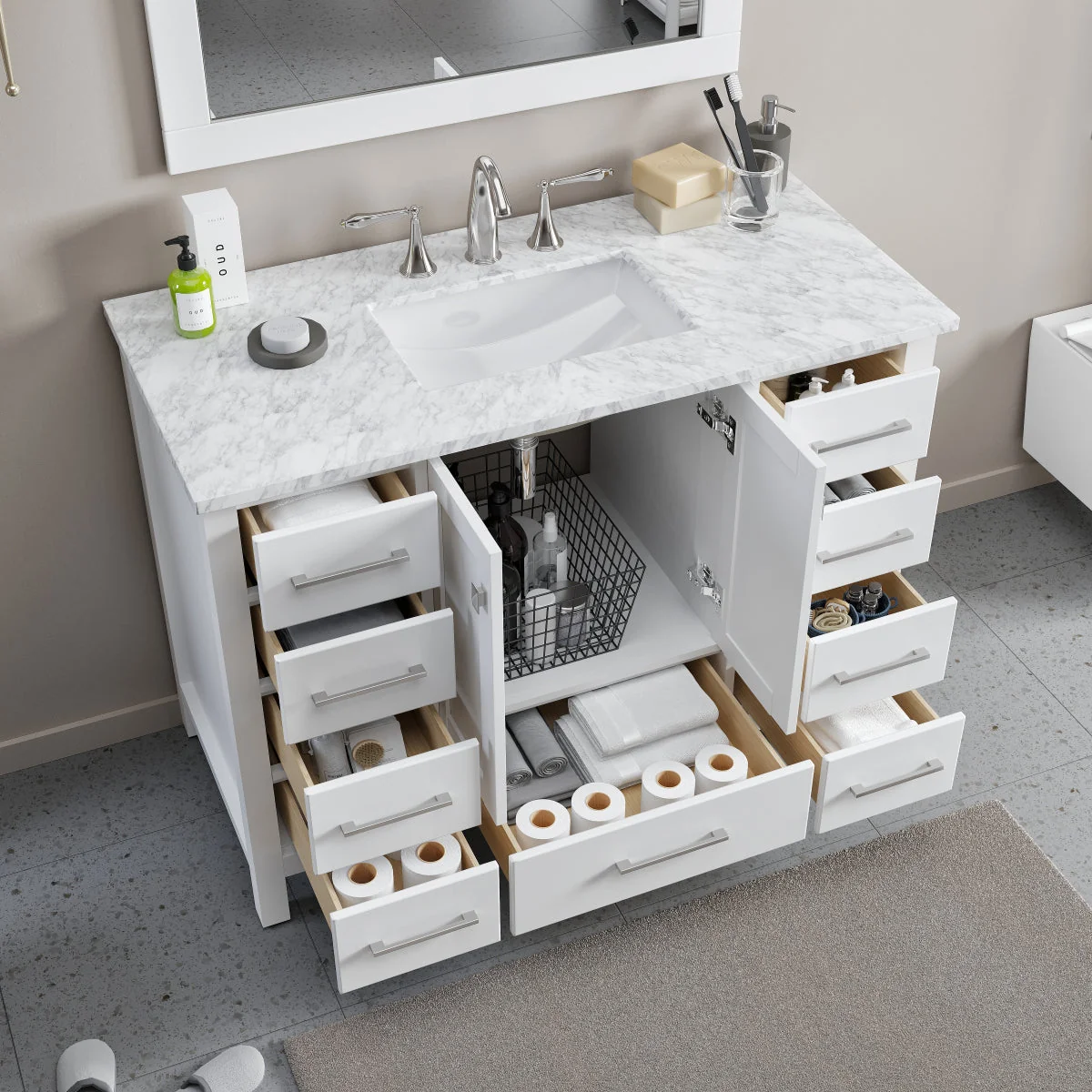 Eviva Aberdeen 42" Transitional Bathroom Vanity with White Carrara Marble Countertop and Undermount Porcelain Sink - Image 31