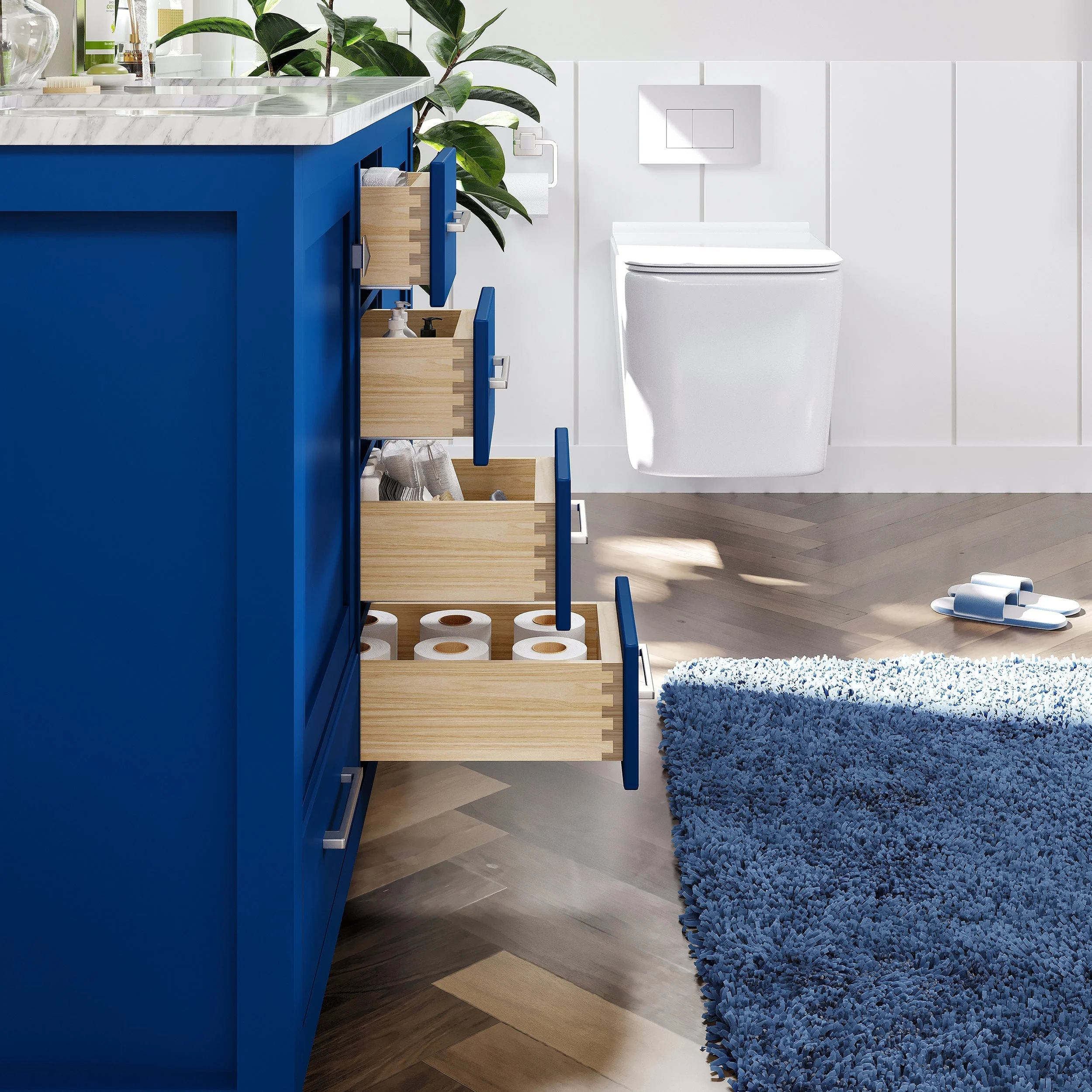 Eviva Aberdeen 48" Transitional Double Sink Bathroom Vanity in Blue Finish with White Carrara Marble Countertop and Gold Handles - Image 10