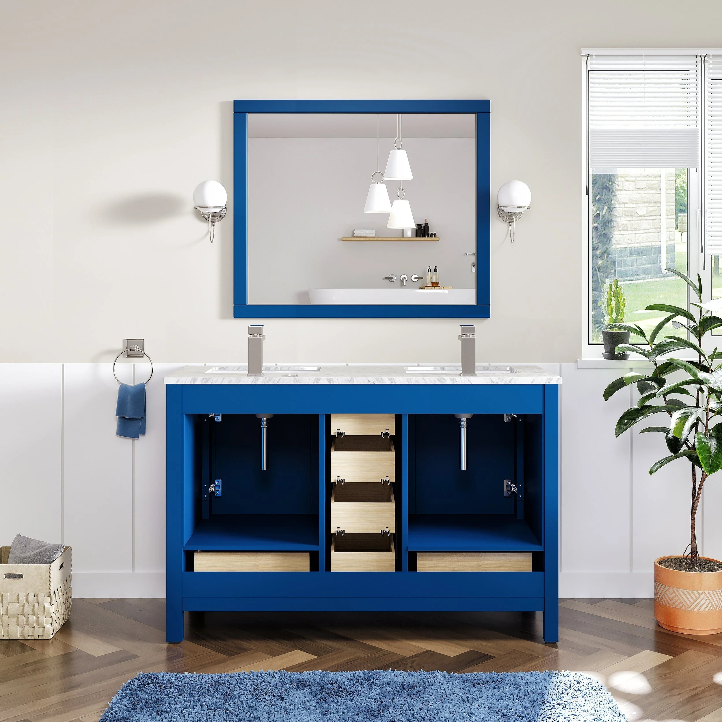 Eviva Aberdeen 48" Transitional Double Sink Bathroom Vanity in Blue Finish with White Carrara Marble Countertop and Gold Handles - Image 4