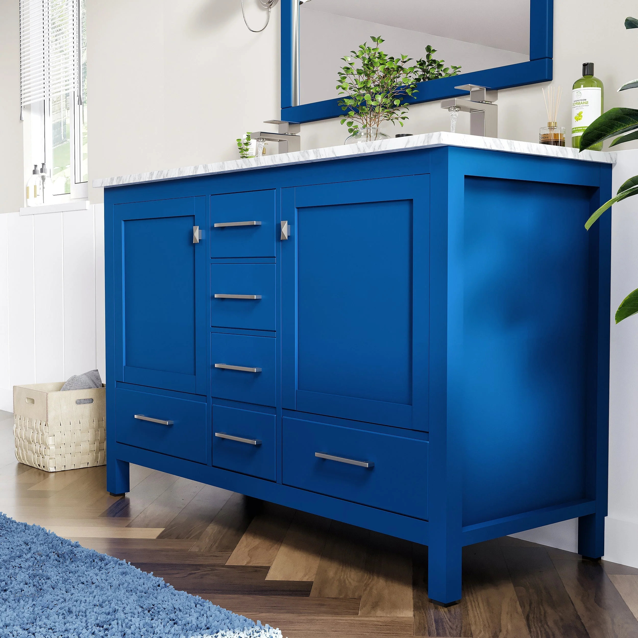 Eviva Aberdeen 48" Transitional Double Sink Bathroom Vanity in Blue Finish with White Carrara Marble Countertop and Gold Handles - Image 9