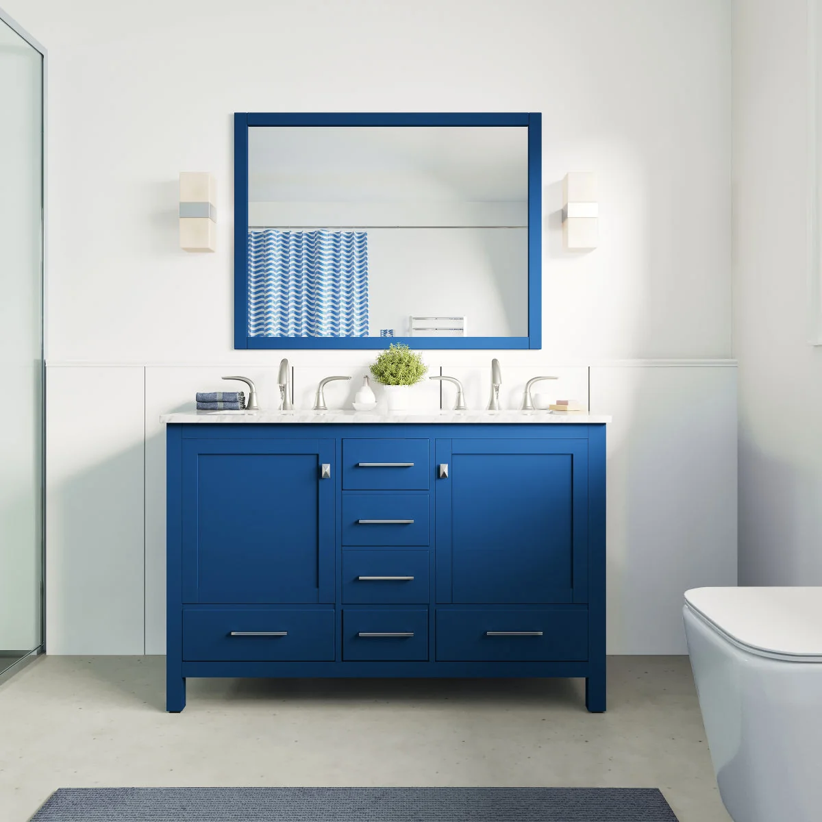 Eviva Aberdeen 48" Transitional Double Sink Bathroom Vanity in Blue Finish with White Carrara Marble Countertop and Undermount Porcelain Sinks - Image 2