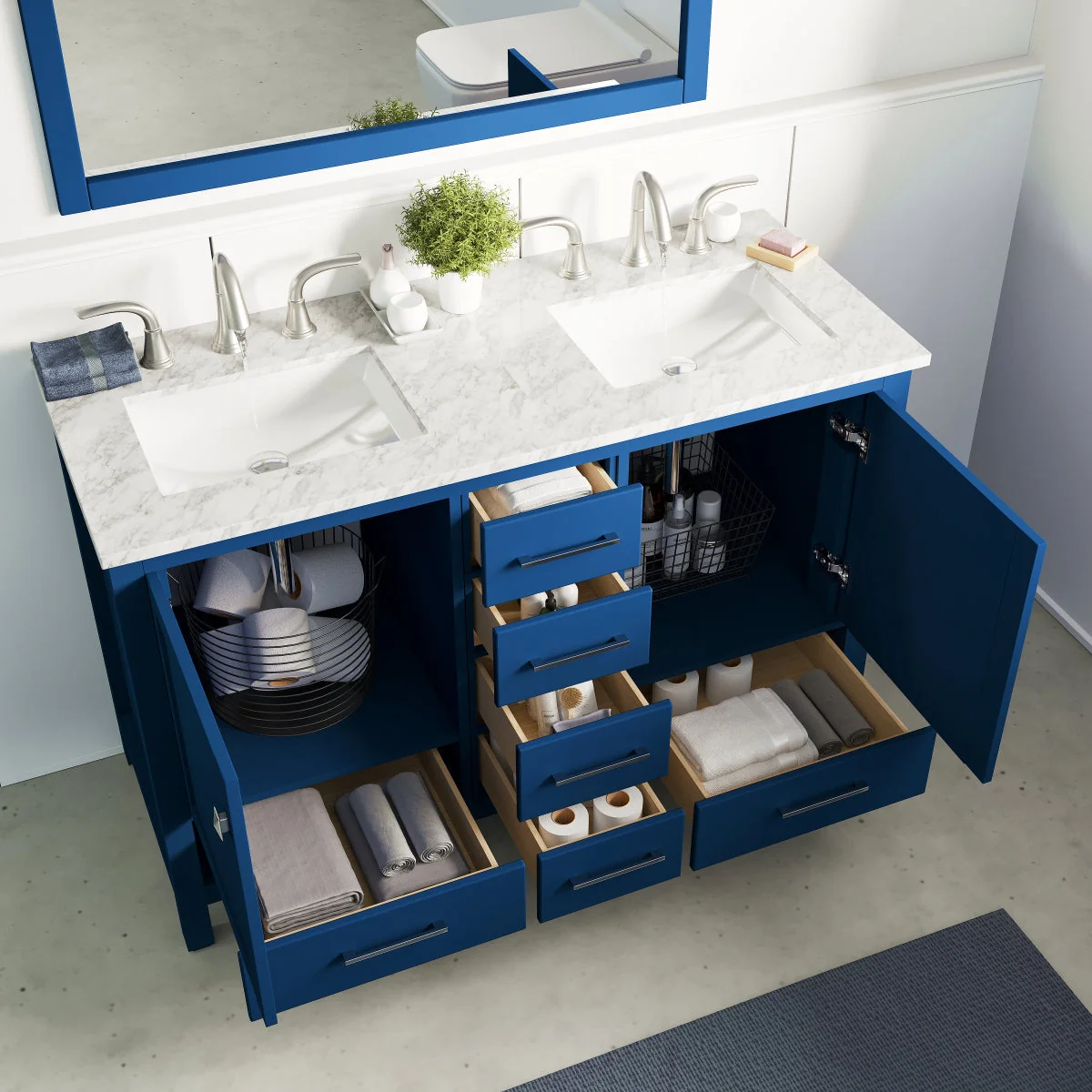 Eviva Aberdeen 48" Transitional Double Sink Bathroom Vanity in Blue Finish with White Carrara Marble Countertop and Undermount Porcelain Sinks - Image 6