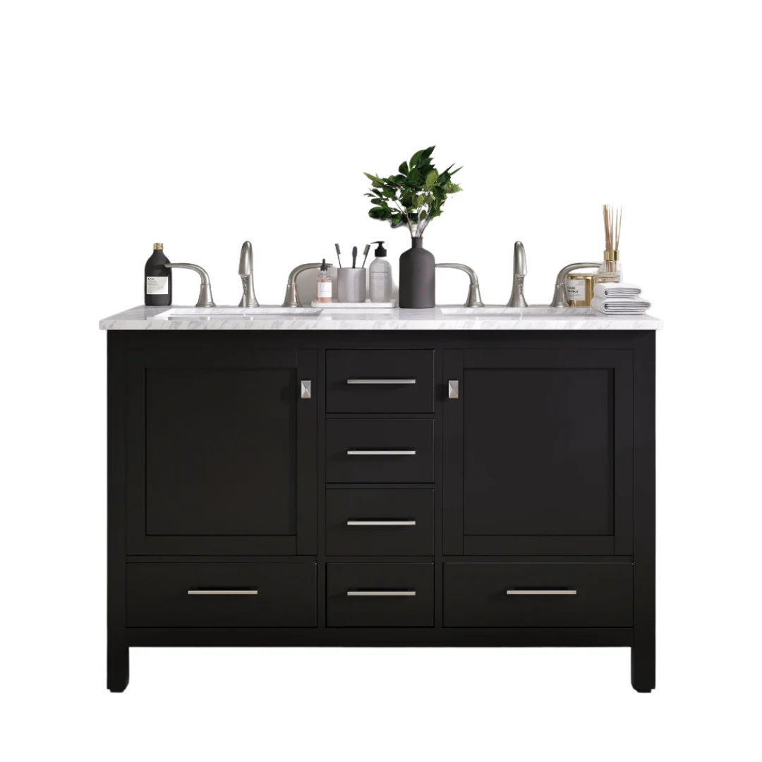Eviva Aberdeen 48" Transitional Double Sink Bathroom Vanity with White Carrara Marble Countertop and Undermount Porcelain Sinks