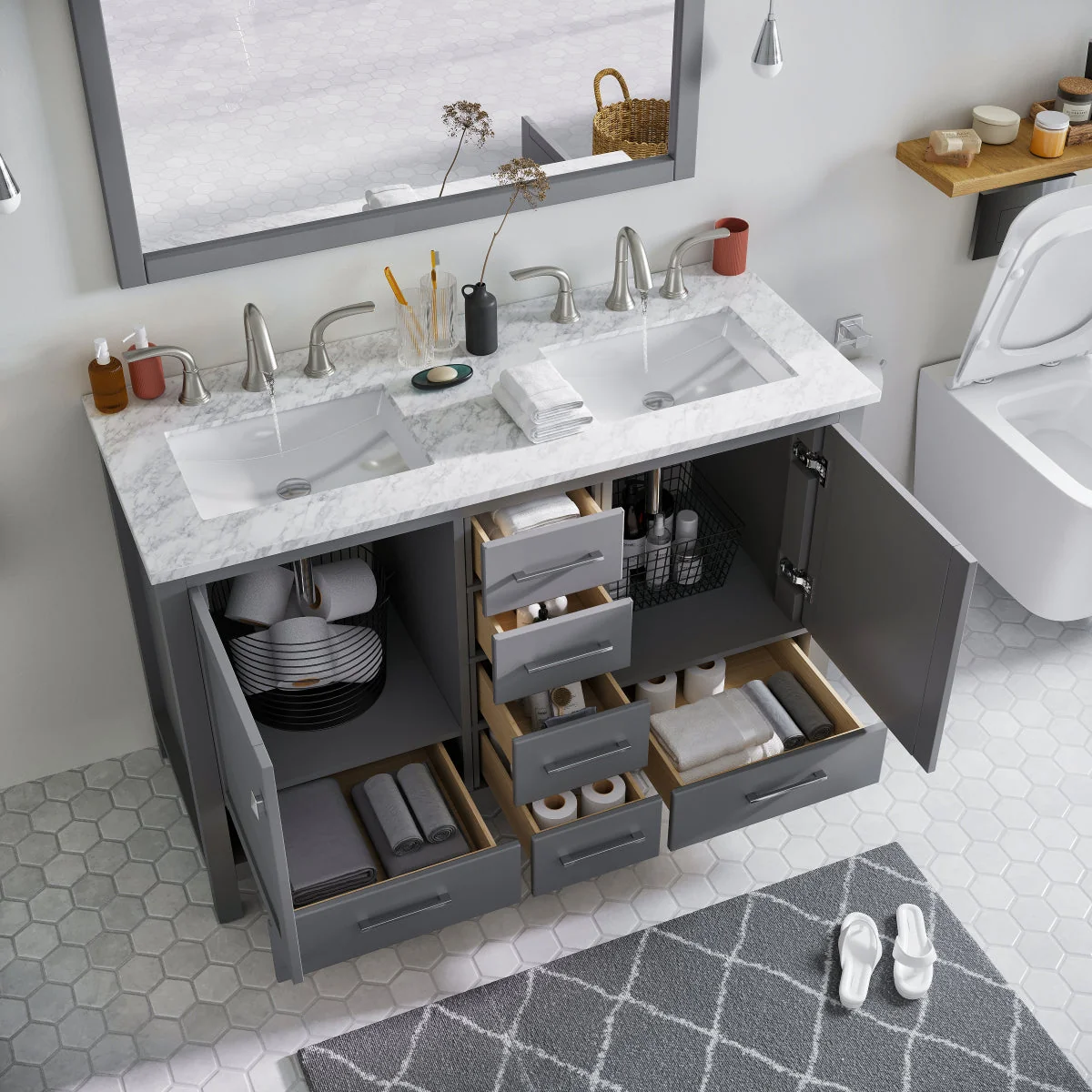 Eviva Aberdeen 48" Transitional Double Sink Bathroom Vanity with White Carrara Marble Countertop and Undermount Porcelain Sinks - Image 18