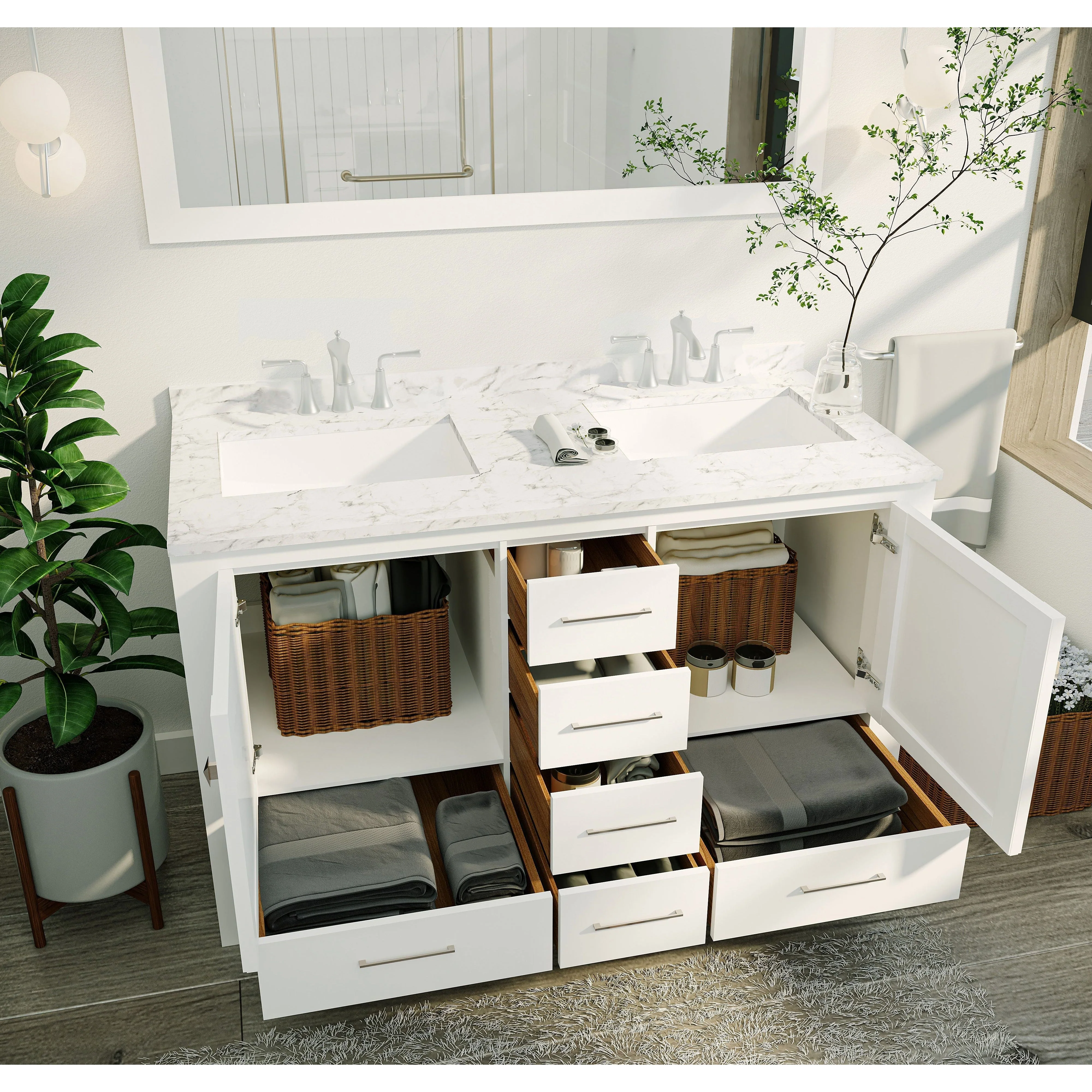 Eviva Aberdeen 48" Transitional Double Sink Bathroom Vanity with White Carrara Marble Countertop and Undermount Porcelain Sinks - Image 29