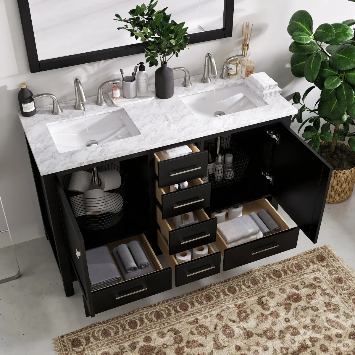 Eviva Aberdeen 48" Transitional Double Sink Bathroom Vanity with White Carrara Marble Countertop and Undermount Porcelain Sinks - Image 6