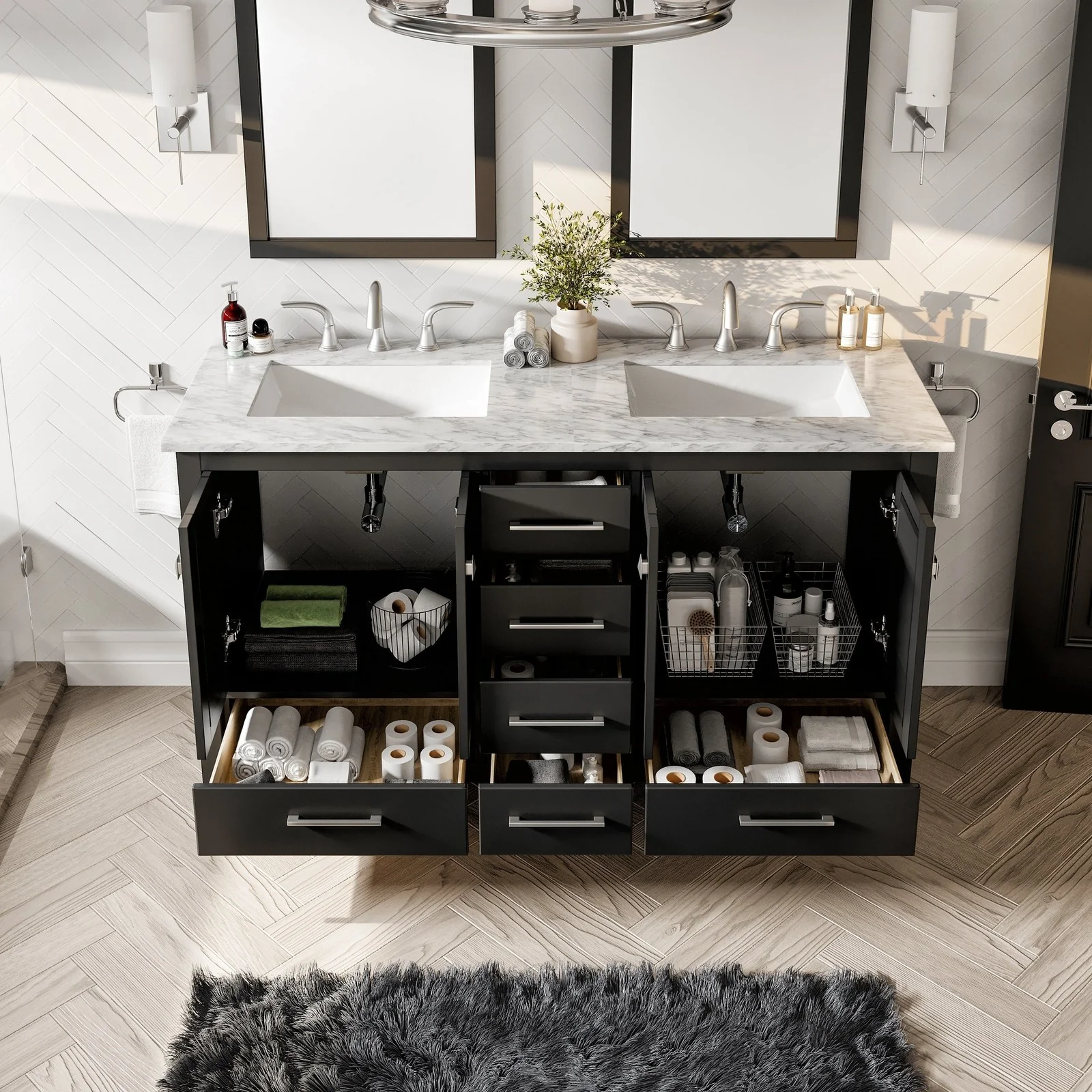 Eviva Aberdeen 60" Transitional Double Sink Bathroom Vanity with White Carrara Marble Countertop and Undermount Porcelain Sinks - Image 2