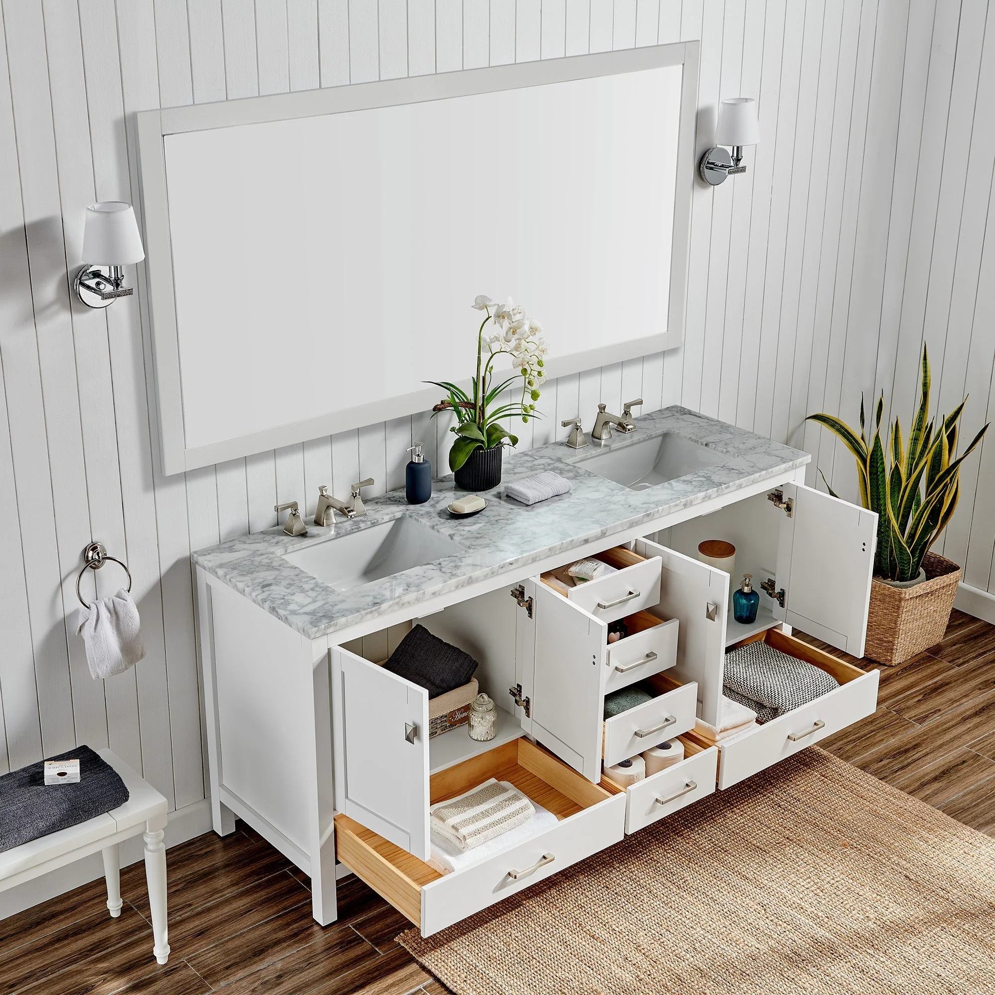 Eviva Aberdeen 72" Transitional Double Sink Bathroom Vanity with White Carrara Marble Countertop and Undermount Porcelain Sinks - Image 12