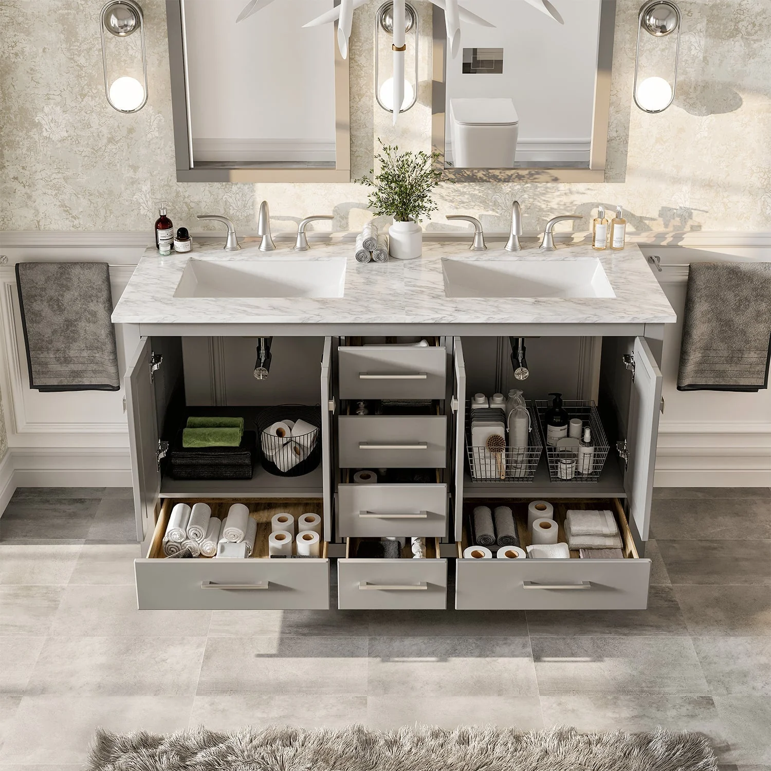 Eviva Aberdeen 72" Transitional Double Sink Bathroom Vanity with White Carrara Marble Countertop and Undermount Porcelain Sinks - Image 3