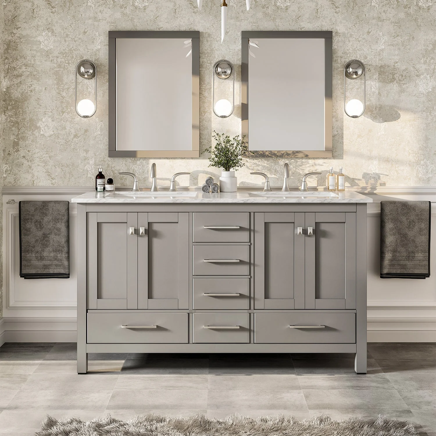 Eviva Aberdeen 72" Transitional Double Sink Bathroom Vanity with White Carrara Marble Countertop and Undermount Porcelain Sinks - Image 5