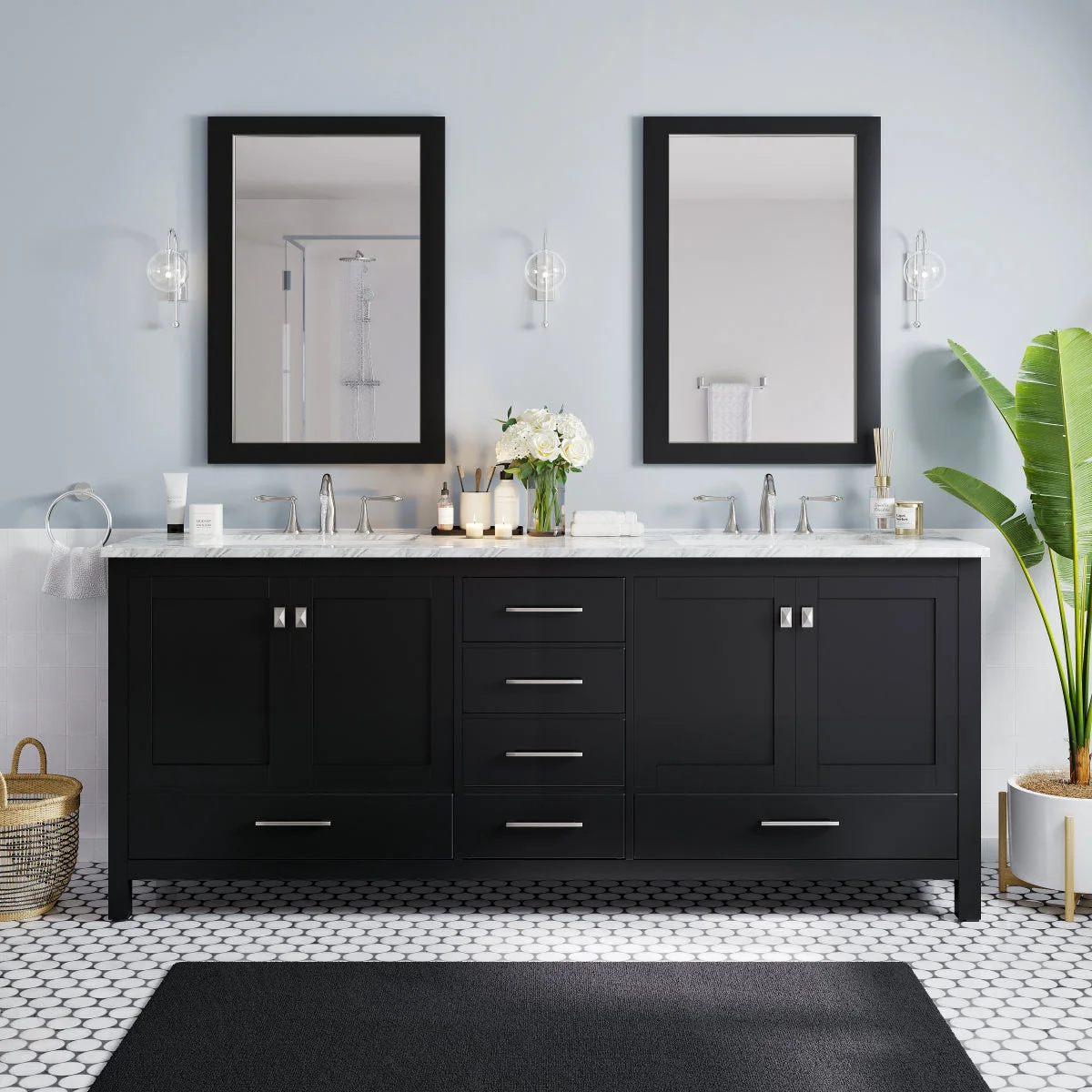 Eviva Aberdeen 84" Transitional Double Sink Bathroom Vanity with White Carrara Marble Countertop and Undermount Porcelain Sinks - Image 2