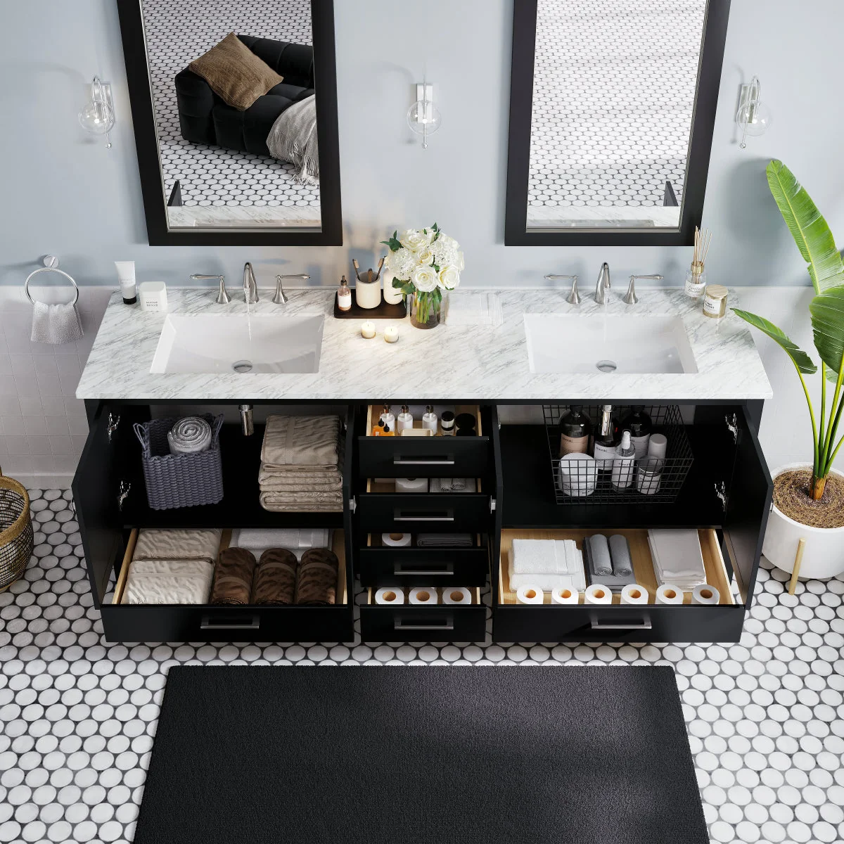 Eviva Aberdeen 84" Transitional Double Sink Bathroom Vanity with White Carrara Marble Countertop and Undermount Porcelain Sinks - Image 3