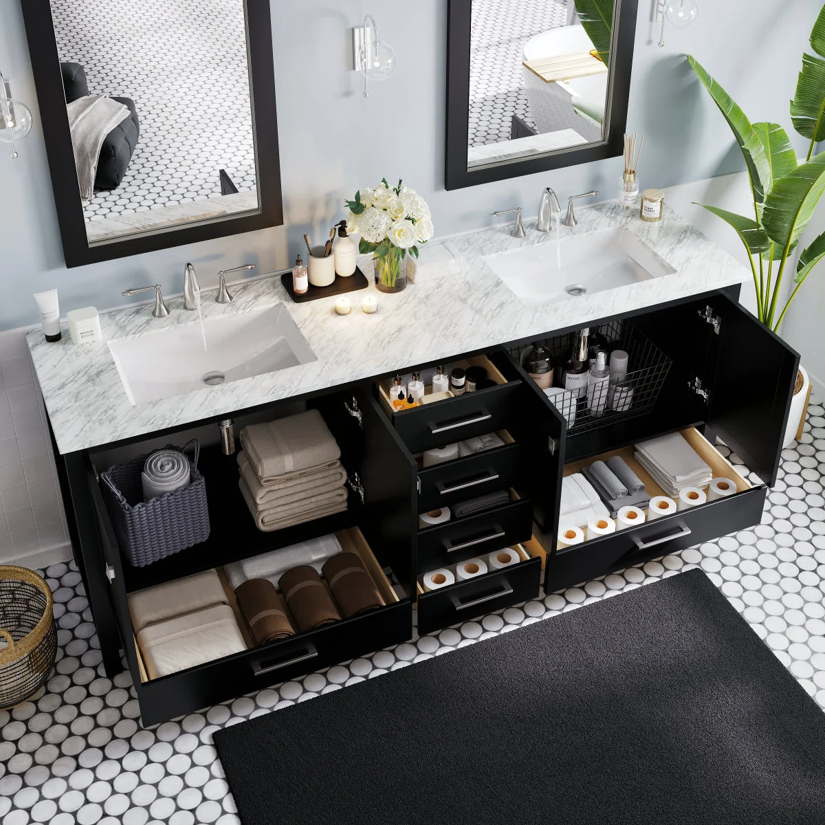 Eviva Aberdeen 84" Transitional Double Sink Bathroom Vanity with White Carrara Marble Countertop and Undermount Porcelain Sinks - Image 4