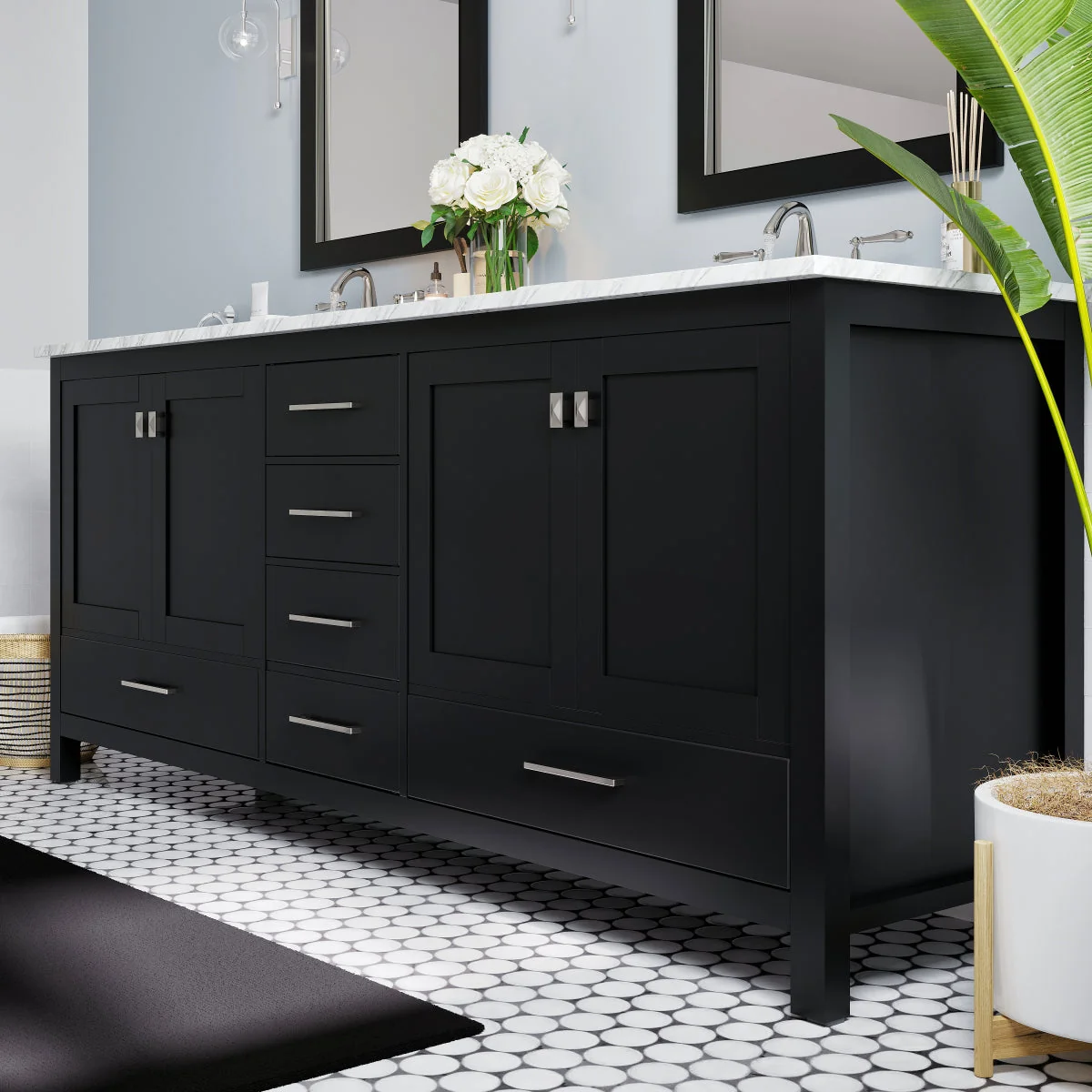 Eviva Aberdeen 84" Transitional Double Sink Bathroom Vanity with White Carrara Marble Countertop and Undermount Porcelain Sinks - Image 7