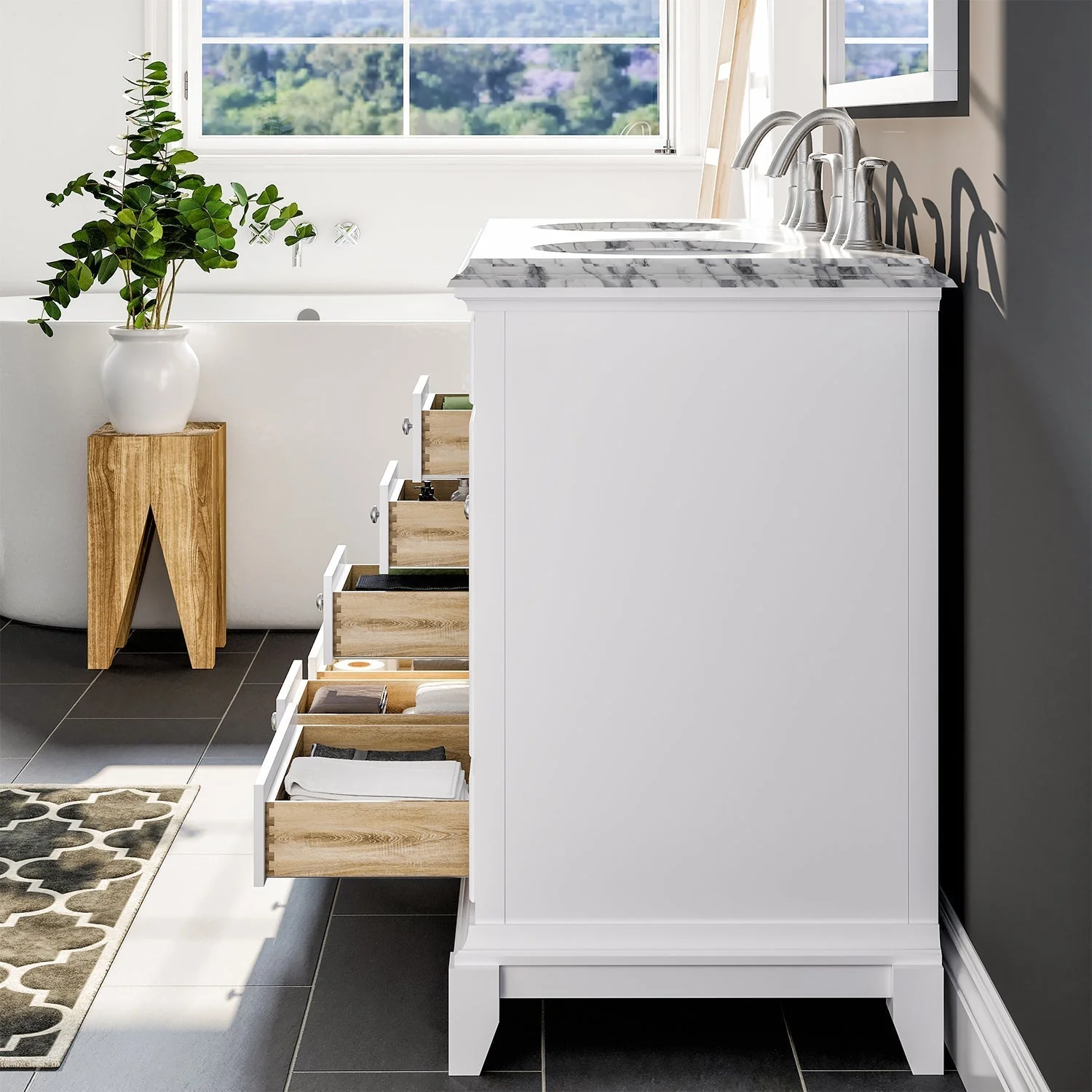 Eviva Elite Stamford 48" Bathroom Vanity in White Finish with Double OG Edge White Carrara Countertop and Undermount Porcelain Sink - Image 3
