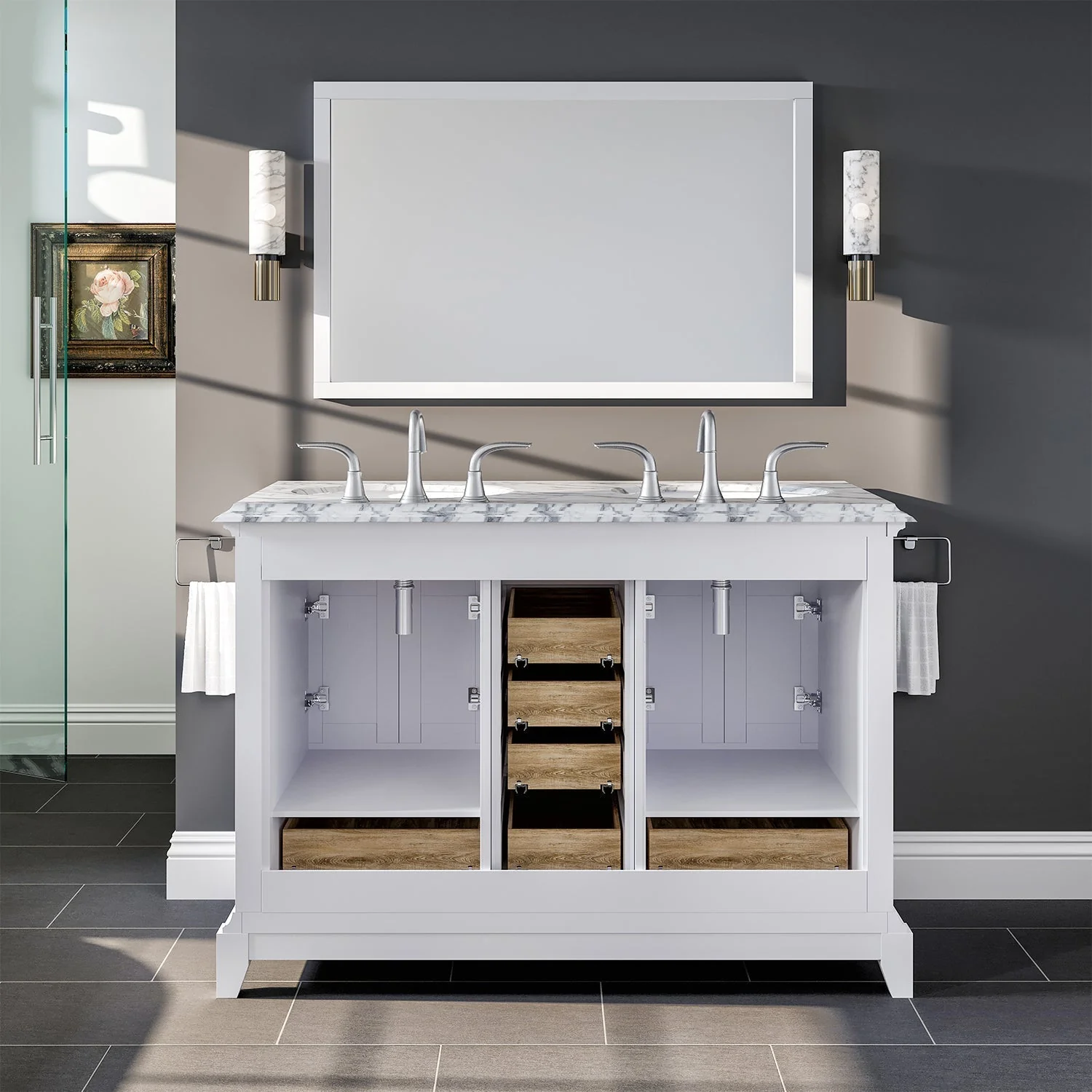 Eviva Elite Stamford 48" Bathroom Vanity in White Finish with Double OG Edge White Carrara Countertop and Undermount Porcelain Sink - Image 4