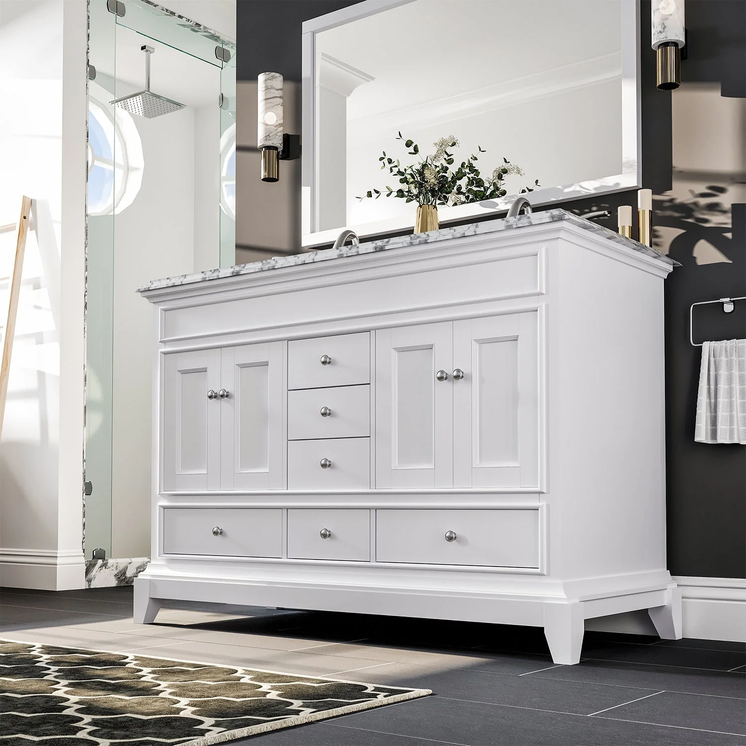 Eviva Elite Stamford 48" Bathroom Vanity in White Finish with Double OG Edge White Carrara Countertop and Undermount Porcelain Sink - Image 5