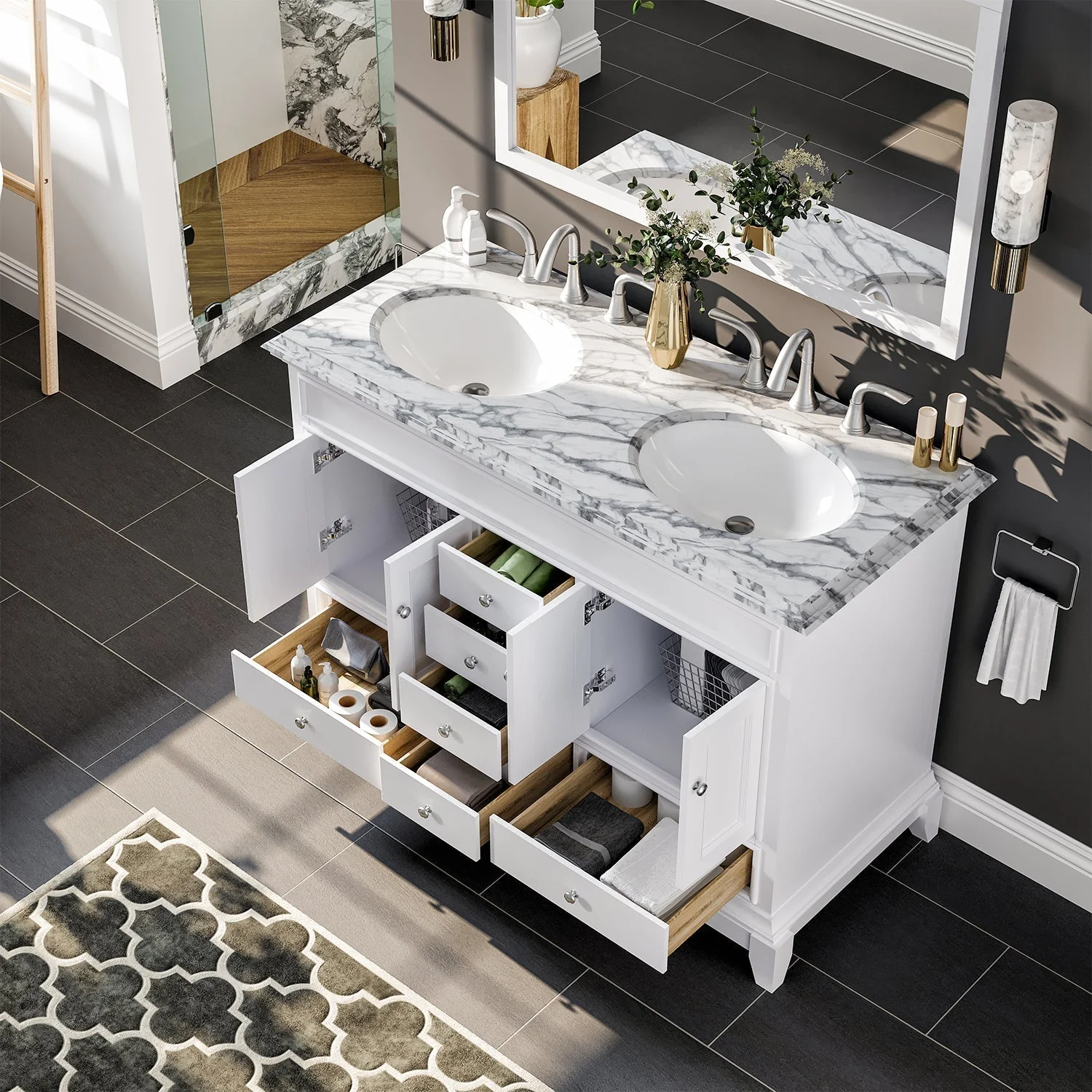 Eviva Elite Stamford 48" Bathroom Vanity in White Finish with Double OG Edge White Carrara Countertop and Undermount Porcelain Sink - Image 6