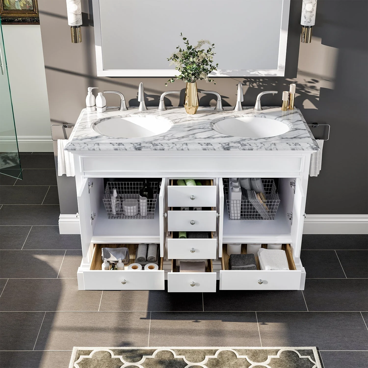 Eviva Elite Stamford 48" Bathroom Vanity in White Finish with Double OG Edge White Carrara Countertop and Undermount Porcelain Sink - Image 7