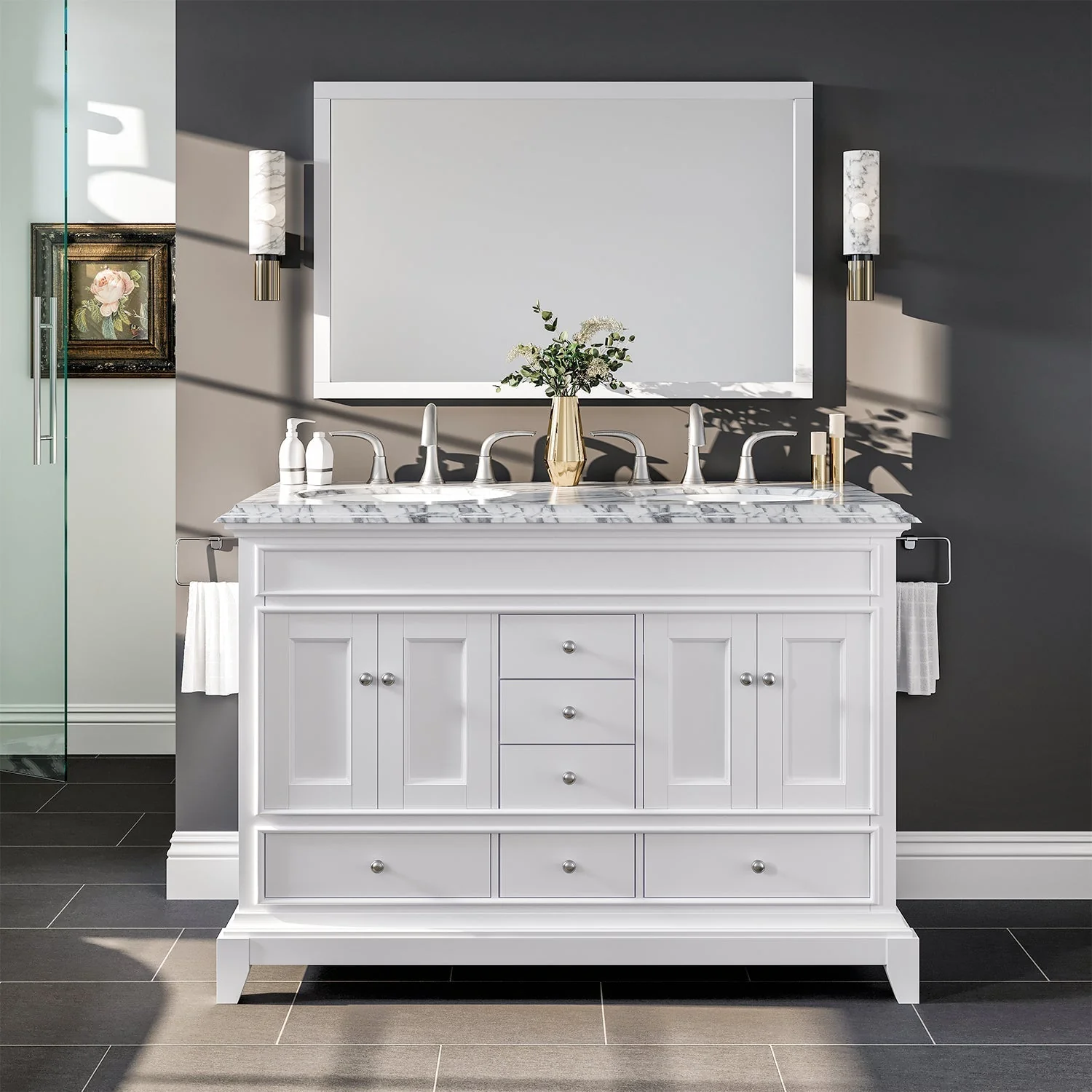 Eviva Elite Stamford 48" Bathroom Vanity in White Finish with Double OG Edge White Carrara Countertop and Undermount Porcelain Sink - Image 9