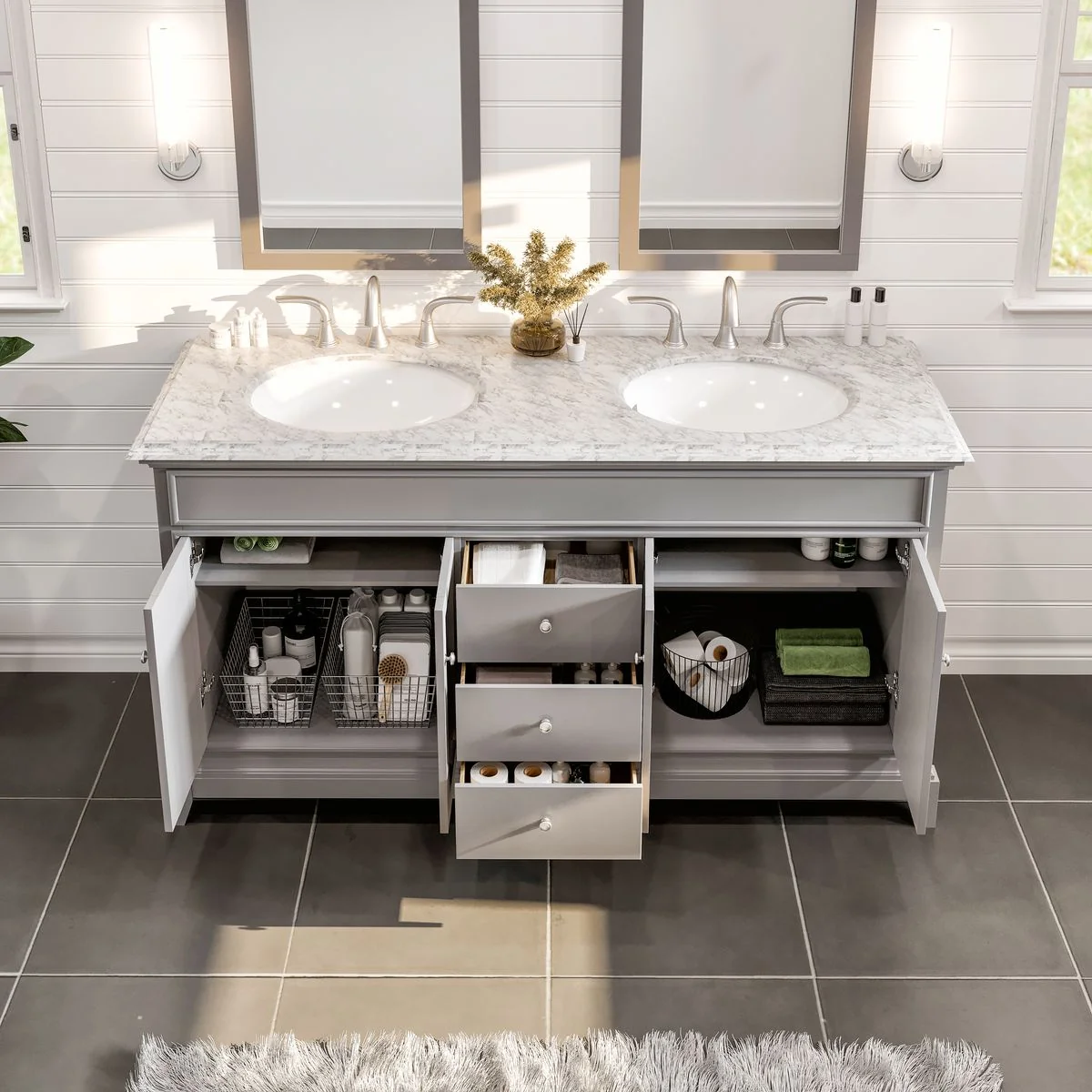 Eviva Elite Stamford 60" Double Sink Bathroom Vanity with Double OG Edge White Carrara Top - Image 5
