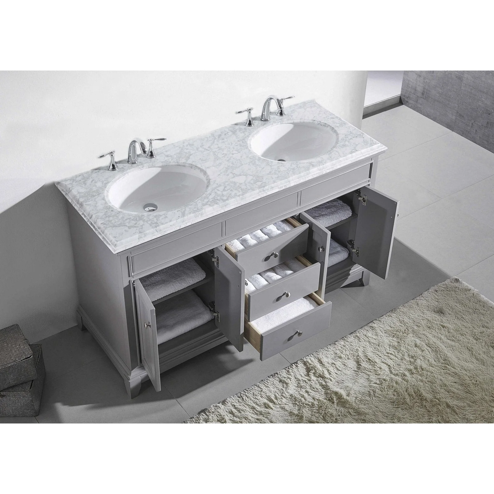 Eviva Elite Stamford 72" Solid Wood Bathroom Vanity Set with Double OG White Carrera Marble Top & White Undermount Porcelain Sinks - Image 3